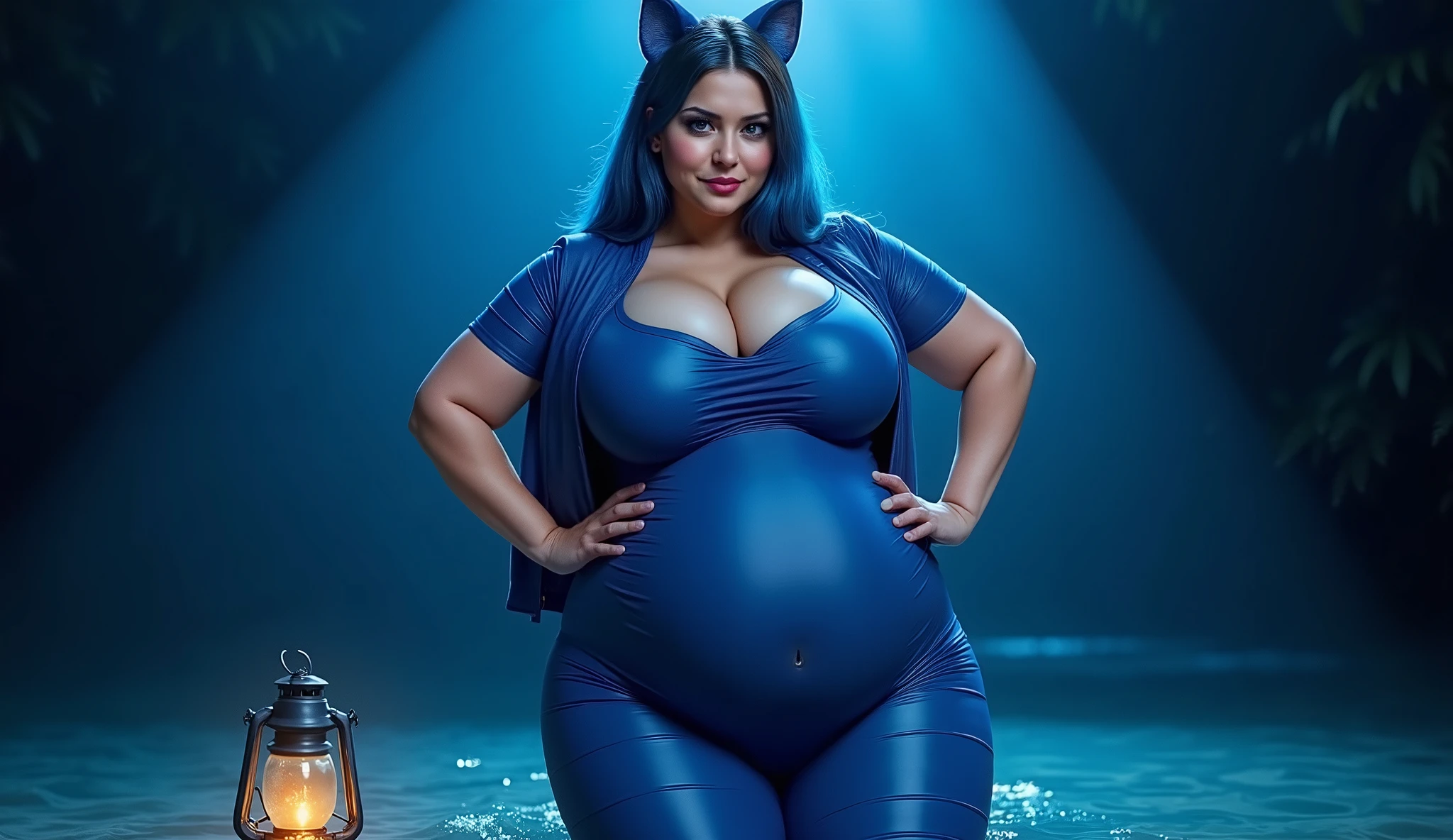 A hot Kiera Winters, Cyan hair, long curly wavy hair style, voluptuous, plump, pregnant belly, (wearing a highly detailed cheerleader crop top and cheerleader skirt1.3), looking at the viewer, close up pov), chubby, big bust, locks eyes into the camera, symmetrical eyes, symmetrical face, photorealistic, photography, path tracing, specular lighting, volumetric face light, path traced hair, visible shadows, intricate, elaborate, curvy body, plump body, huge big ass, thick body, curvy body type, voluptuous body type, busty body type, thick body type, big chest, big, black makeup, drooling, black eyelinner, wet body, wearing choker collar, (choker collar:1.5), navel piercing