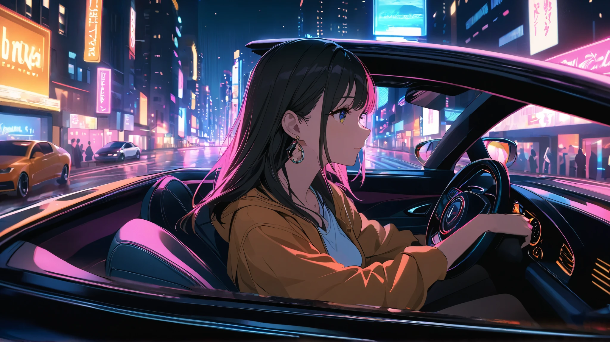 "A woman driving a car through a vibrant, neon-lit city at night, capturing the relaxed and smooth vibe of jazzy chill hip-hop music. The scene is cinematic, with city lights reflecting on the car, adding a warm glow. The streets are lively, yet the atmosphere is calm and cool. The woman is seen from the side in the driver’s seat, enjoying the journey. The image is in 4k resolution, highlighting the depth of the city and the mellow, laid-back energy of the music."
