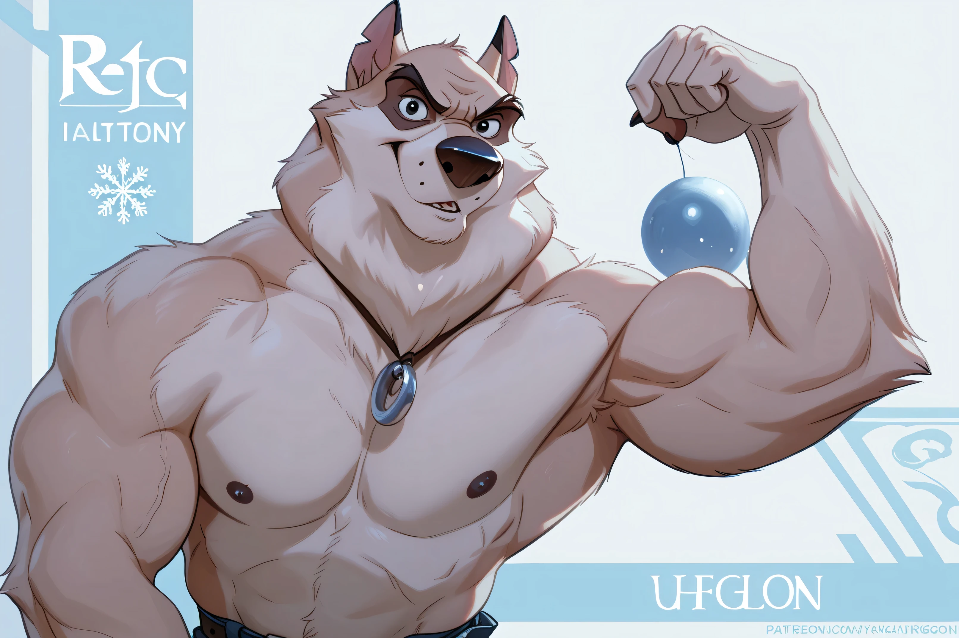kaltag, alaskan malamute, solo, detailed, detailed face, detailed eyes, anthro body, male, adult, very muscular:1.1, cartoon shading, cel shaded:1.0, flat colors, shirtless, wfa style, negger style, cartoony anatomy, above waist, looking at viewer, arms crossed, winter countryside background:1.1, belt, pants