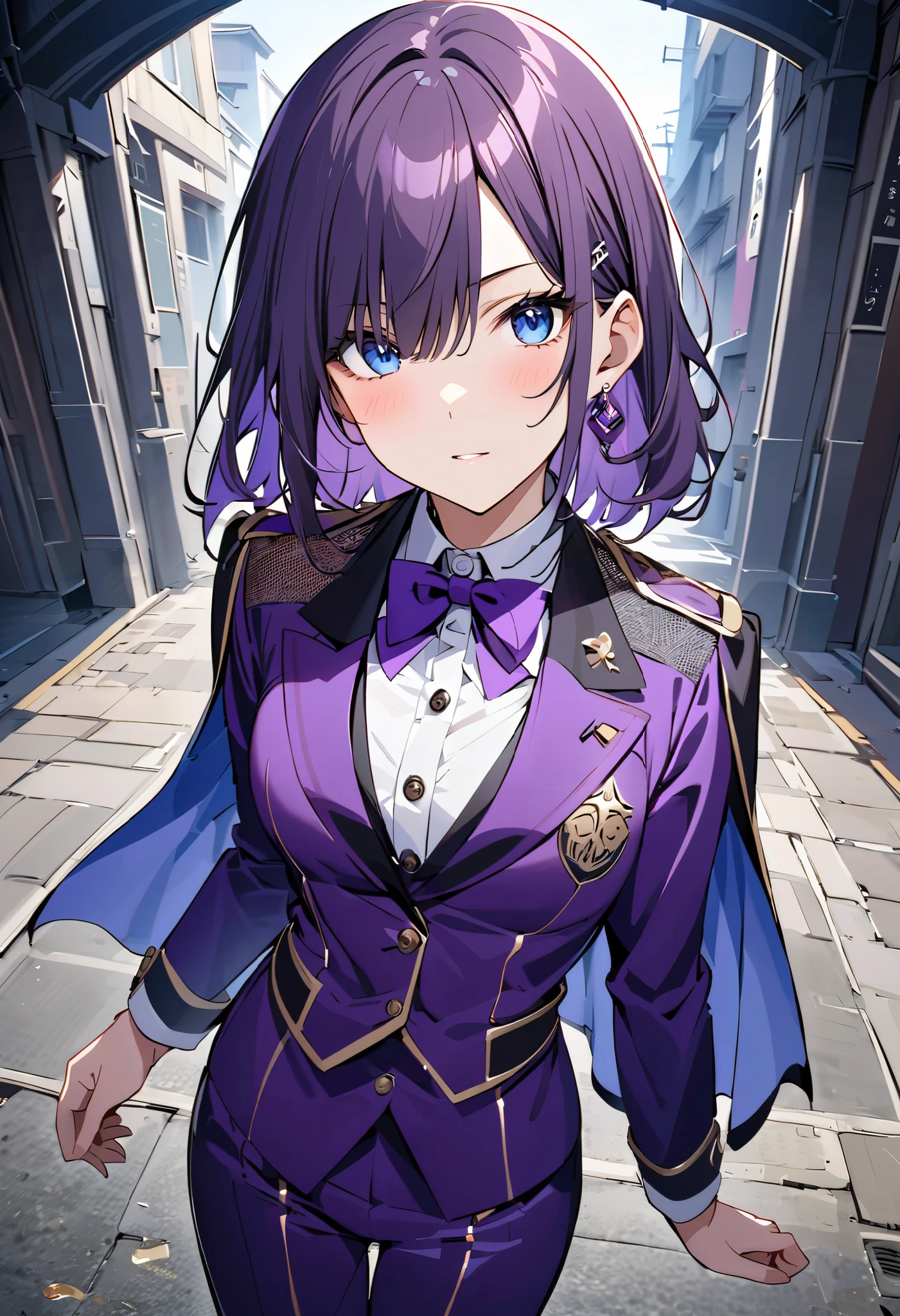 Purple long hair、ソロのPrince、1 person、Bangs that cover one eye、 with bangs on one side over the ear 、 purple luxury jacket long sleeve、 white shirt、Prince、 fancy mesh costume、 hanging eye、 cool face、 blue eyes、Purple long pants、 purple bow tie 、 small perris on left shoulder、small cloth on left shoulder 、uniform、Cool beautiful girl、