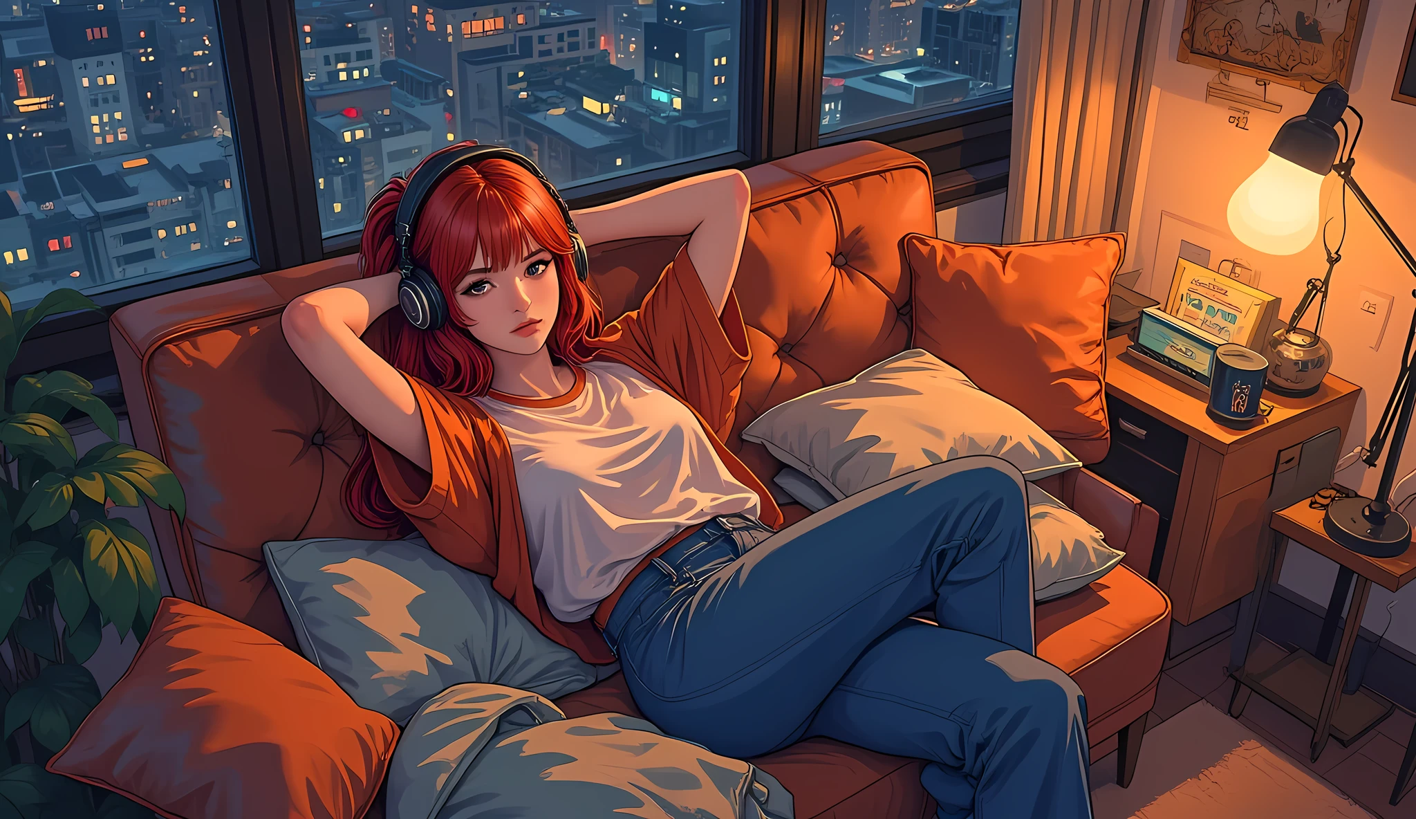 Relaxing scene, red-haired anime girl in casual clothes lying comfortably on a modern sofa, wireless headphones on, evening mood, soft lighting from window and desk lamp. Cozy room interior with throw blanket, decorative pillows, ghibli inspired art style, warm orange and deep blue color scheme, gentle shadows. Portrait, View from the top
