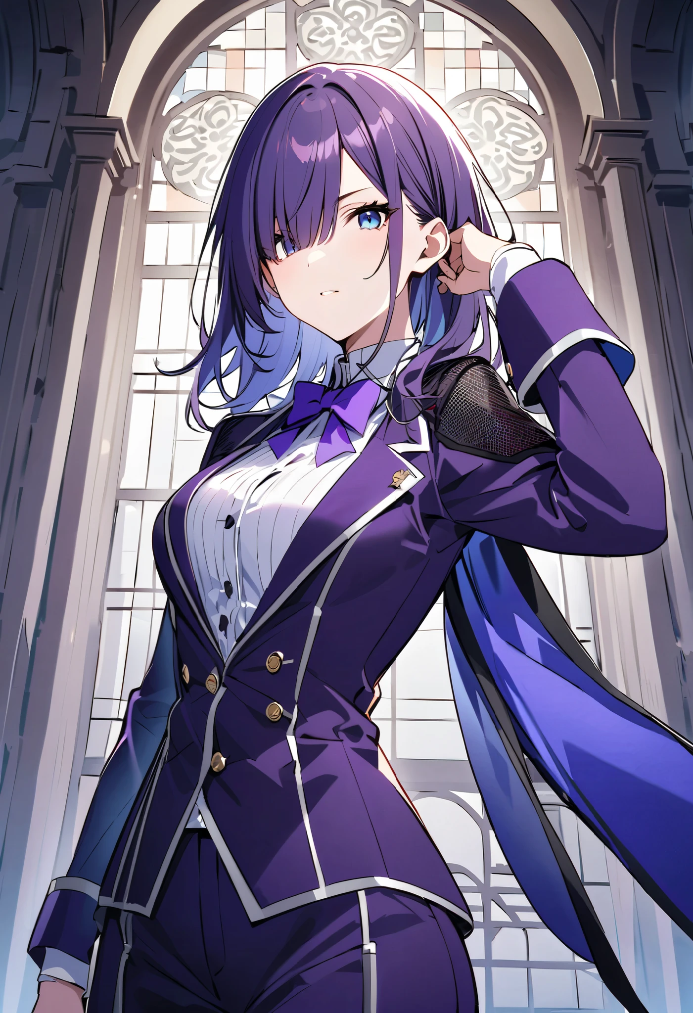 Purple long hair、ソロのPrince、1 person、Bangs that cover one eye、 with bangs on one side over the ear 、 purple luxury jacket long sleeve、 white shirt、Prince、 fancy mesh costume、 hanging eye、 cool face、 blue eyes、Purple long pants、 purple bow tie 、 small perris on left shoulder、small cloth on left shoulder 、uniform、Cool beautiful girl、