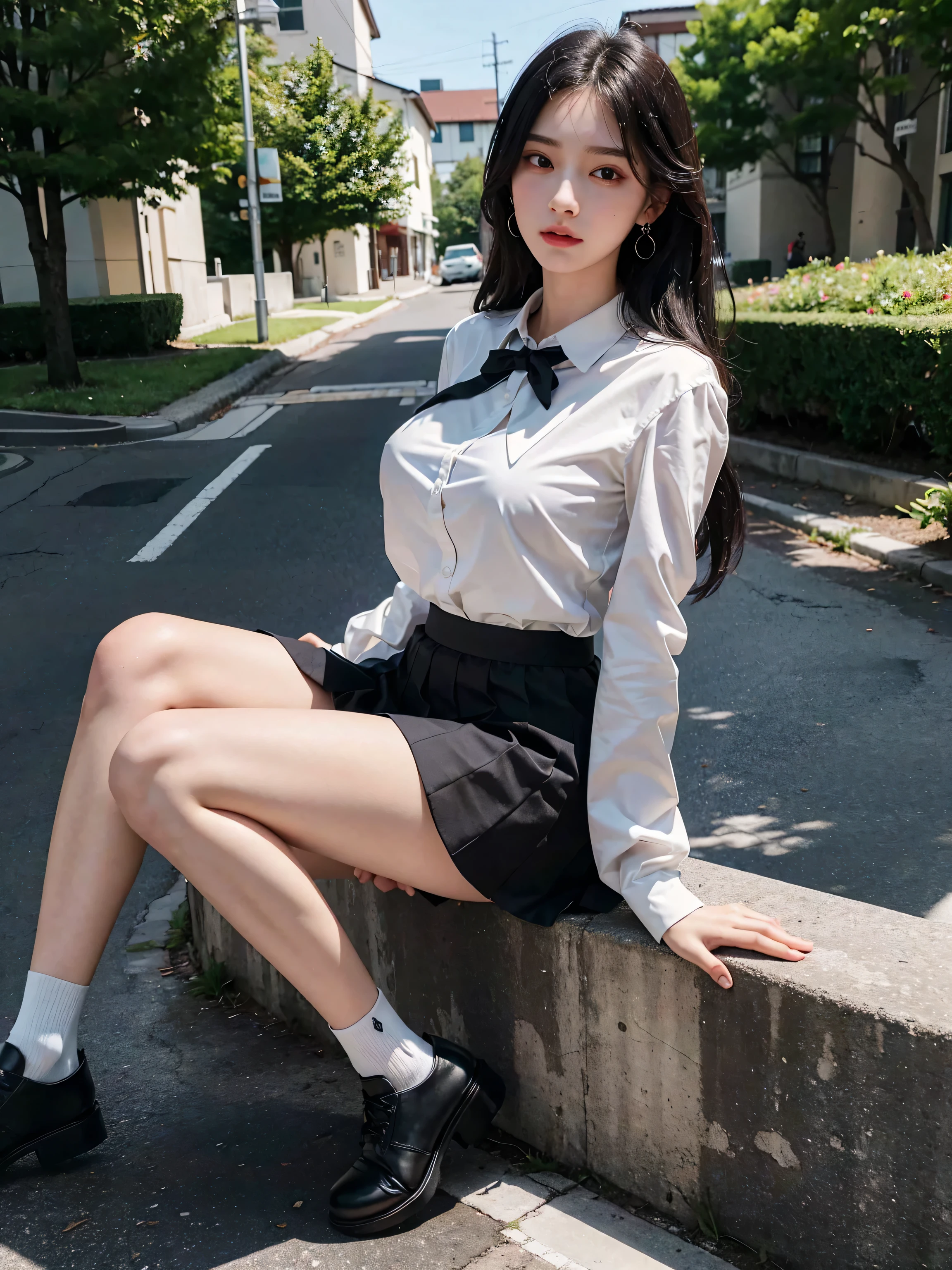 8k, top-quality, (pubic hair beauty)、hight resolution, realisticlying, realperson, Emphasis on the thighs、delicated face、cute face、a 20 yo woman、slim figure、huge tit、High school girl uniform、Outdoor Scene、Seats