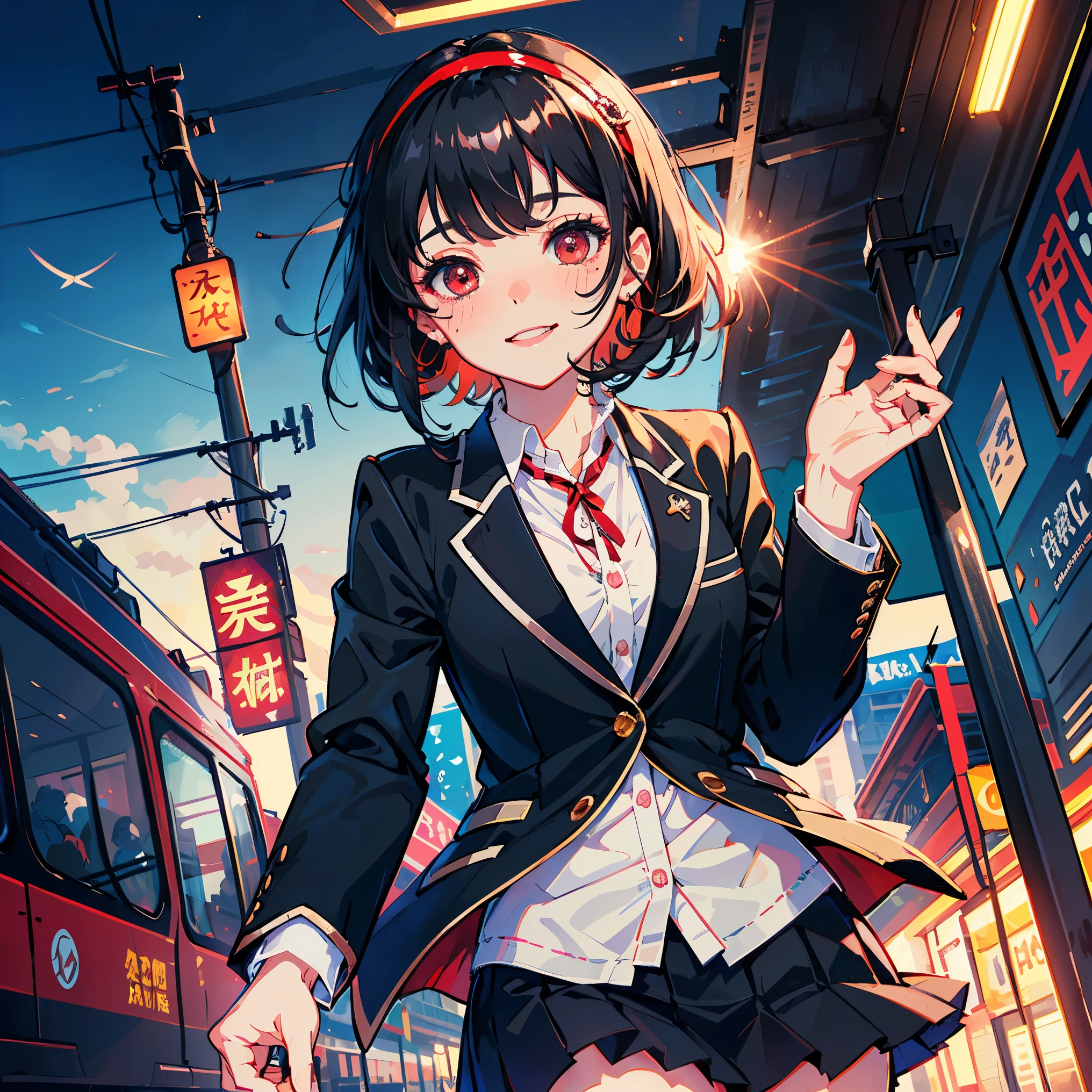 stick out your tongue, Hair Band , red eyes, black hair, smiles, chest, 1 girl, bangs, medium hair, blushes, Bright Eyes , Light blush, anime, blazer, skirt,Molester,underwear, Tram, low angle