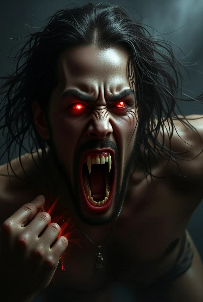 a close up of a vampire with green eyes and fangs, scary vampire, vampires fantasy, vampire of clan lasombra, dracula fangs! haunted house, male vampire, vampire fangs, vampire portrait, sharp vampire teeth, vampire, vampire lord, vampire teeth, fangs extended, dark vampire, male vampire of clan banu haqim, with fangs
