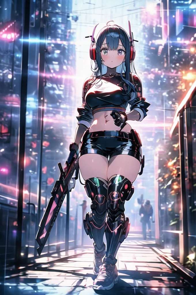 anime girl with a chainsaw and a gun in her hand, cyberpunk art by Shitao, pixiv contest winner, auto-destructive art, oppai cyberpunk, thicc, heavy detailed, (sfw) safe for work, heavy looking, biomechanical oppai, giantess art, badass anime 8 k, thicc build, highly detailed giantess shot