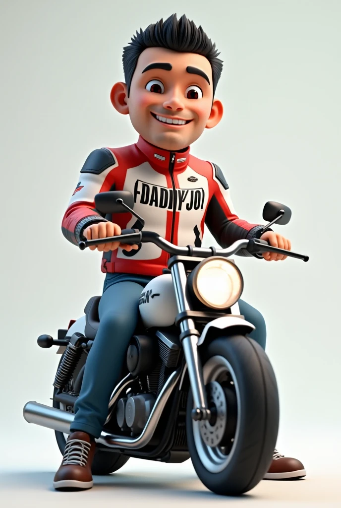 Cute boy, happy face, smiling face, cute big head special effect, red cycling suit, riding vintage motorcycle, strong light, clay material, close-up Yingguang, 3d, super detailed, C4D, Octane rating rendering, Blender, 8k, HD --auto