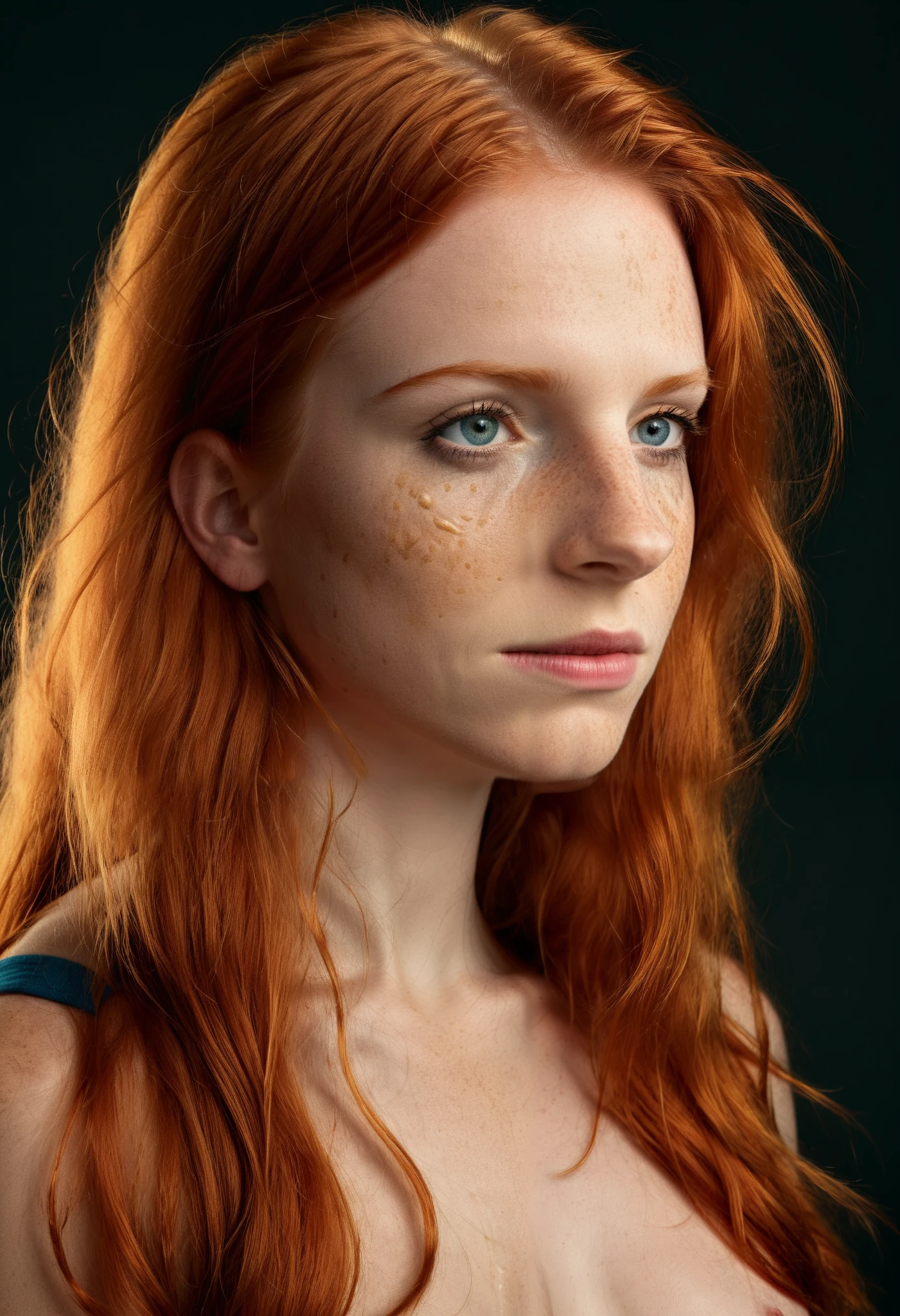 super realistic image, high quality uhd 8K, of 18 year old girl, detailed realistic, redhead, long ginger hair, high detailed realistic skin, (((face and shoulder view portrait))), real vivid colors, standing