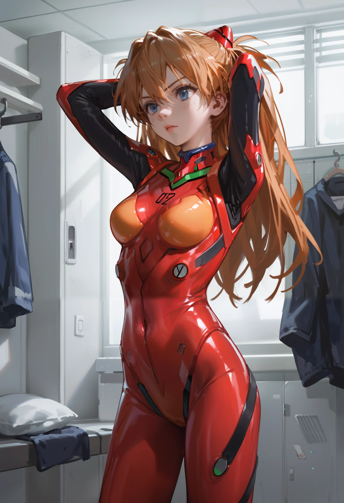 score_9,score_8_up,score_7_up,source_anime,1girl,souryuu asuka langley,neon genesis evangelion,solo,indoors,changing room,arms behind head,cowboy shot, interface headset,red bodysuit,