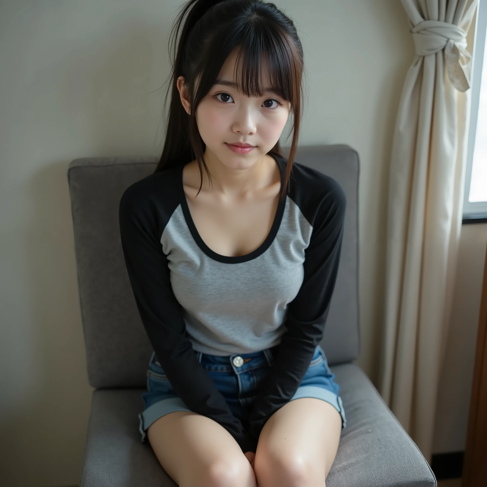 portrait photo , Masterpiece, nsfw,8k,focus on legs,
( in the seat, immature body, flat chest, Wide pelvis, small ass, toned thick legs ),( yoJapanese girl , 148 Height cm , pale skin), black hair, short straight ponytail with bangs,(Young Face, Round face, droopy eyes , hazel eyes,Looks affectionate ), wearing chacole gray color long sleeve tight t-shirt with Black sleeves, deep v-necked,denim mini skirt,85mm, Official AR RAW Photos ,( is present, ultra detail), top quality,Chromatic aberration anatomically accurate , textured skin