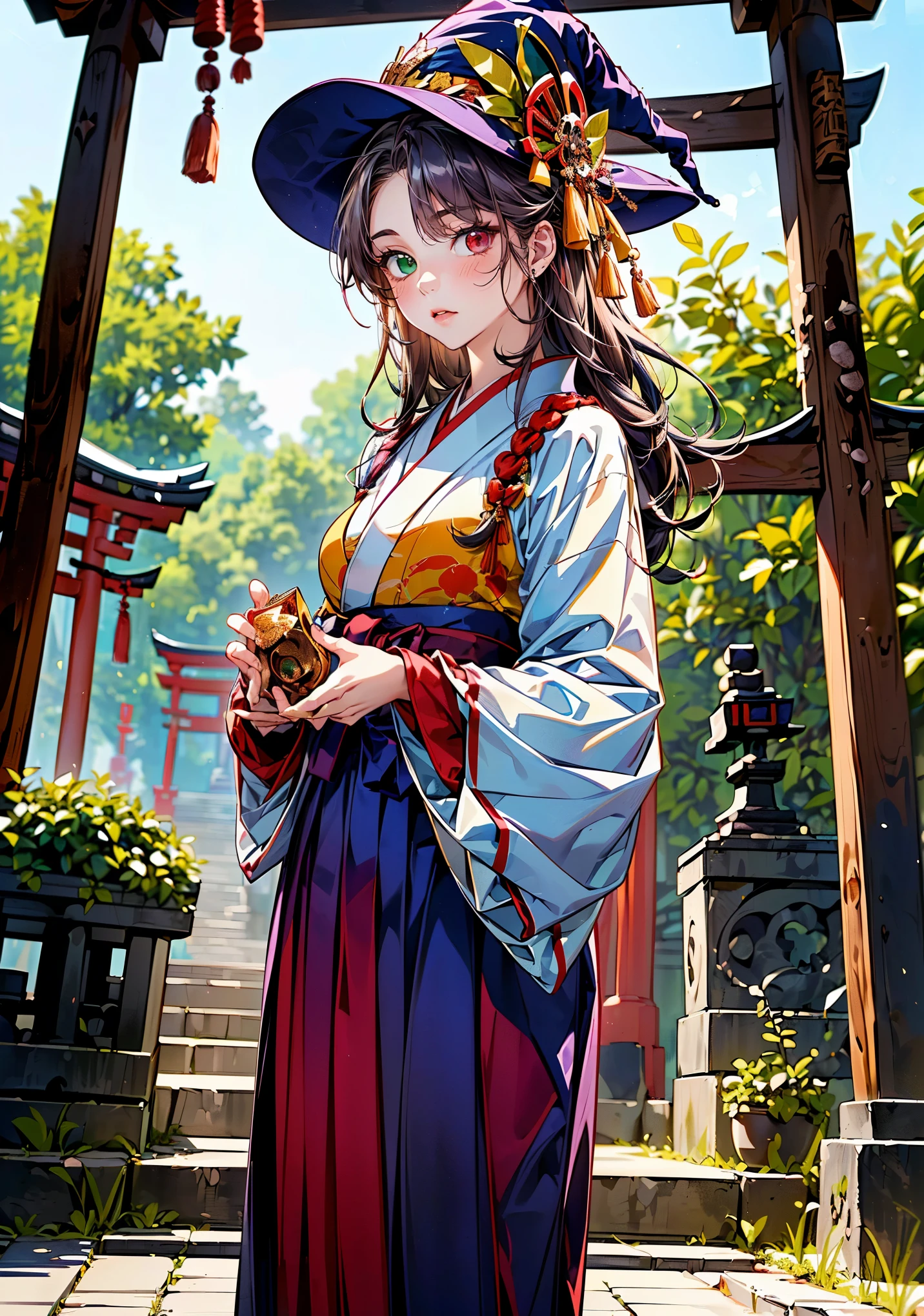 Max Image Quality、8k、(( Witch Uniformを着た清らかな17歳の超 beautiful girl))、((( rainbow heterochromia、 red eyes、 green eyes)))、Odd Eye 、Sparkling Elaborate Eyes 、((( long hair mixed with platinum and purple)))、 small breasts、 slender body、、 portrait 、 beautiful girl、(((Long-sleeved white kimono 、Red Hakama、 Witch Uniform)))、((( holding a Setsubun bean scattering in her hands )))、(( in front of the shrine torii gate ))、Bathed in sunlight、((( anatomically correct depiction )))、Setsubun bean scattering、 Witch Uniform