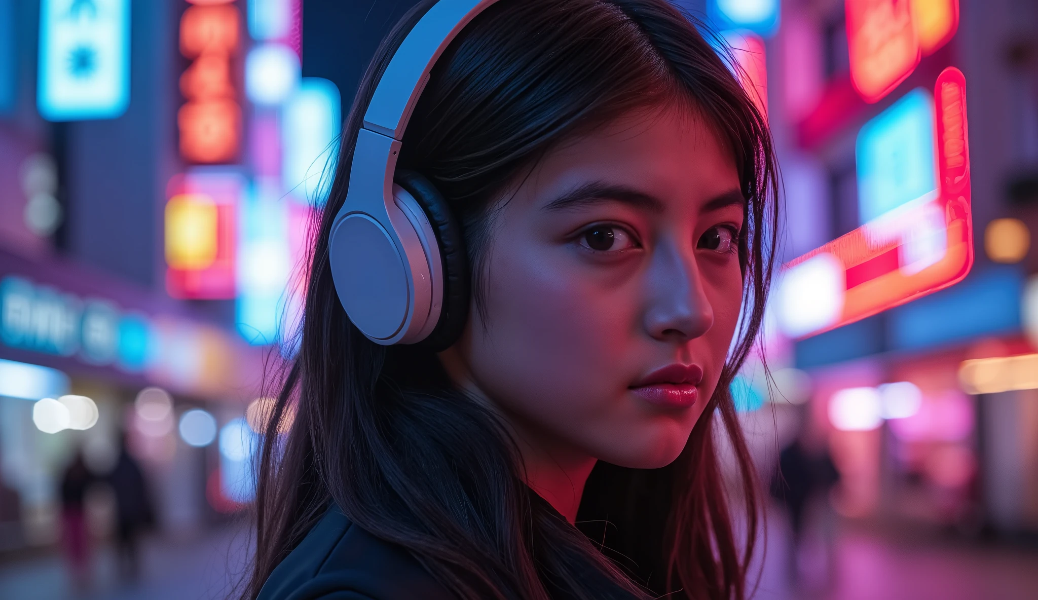 The best photos for TikTok、Beauty、 Dynamic Angles 、ヘッドフォンをしているBeauty、Night city background with neon lights