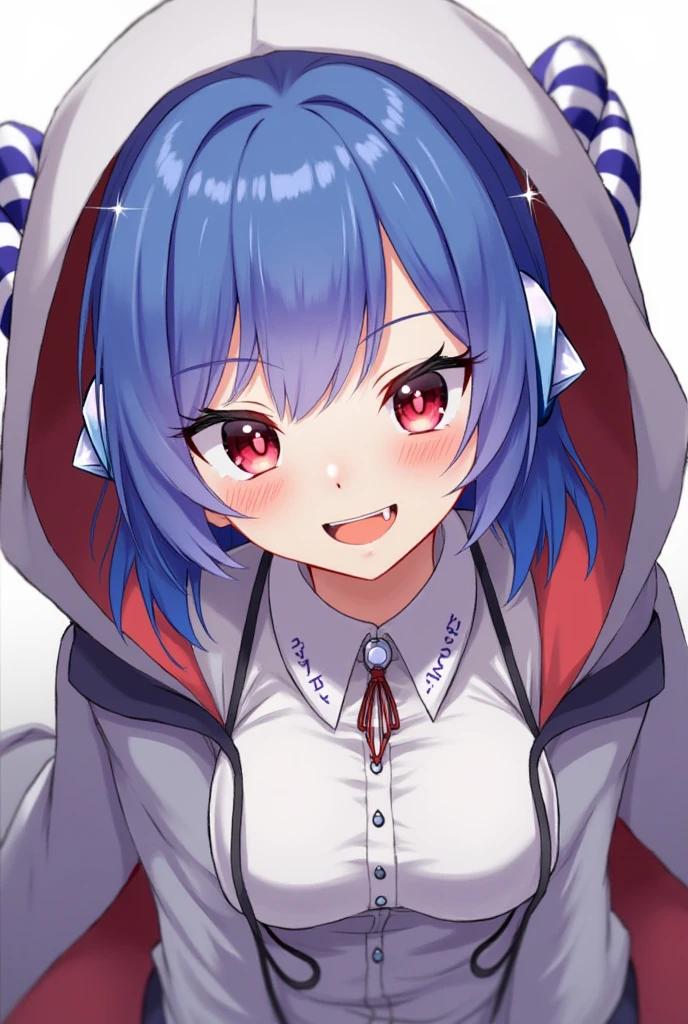 Cloak-bot (Amphibia)Breasts, 1girl, Blush, Smile, High Resolution, Red Eyes, Blue Hair, Closed Mouth, Fang, Tongue, Sparkle, Headphones, Crystal Earrings, Makeup, Grin, Smirk, POV, Horns, Hood, 3D Rendering,