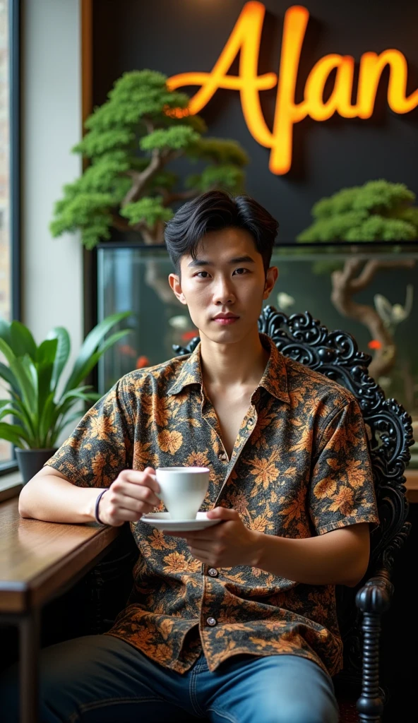 photography, a Korean tqmpan man , in front of the camera, short undercut hair , bohemian batik shirt in the shape of phoenix and dragon ,black pants, black shoes , sitting dynamically in an intricate design iron chair with a cup of tea in his hand, The background of an elegant coffee shop is inscribed "AFAN " with script font , and decorated with some beautiful bonsai kaecil bonsai and an aquarium containing cute fish fish..UHD,masterpiece