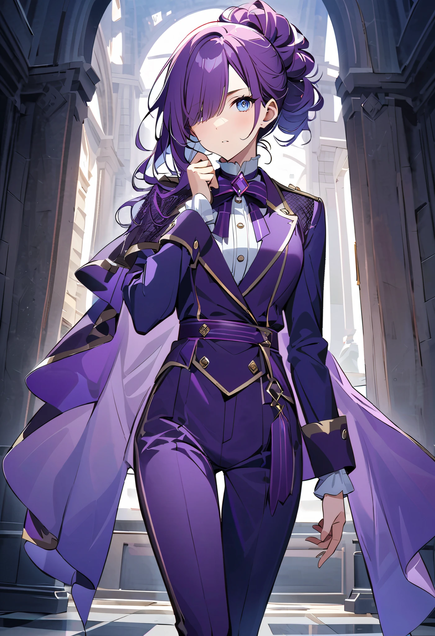 Long purple hair up to the waist 、ソロのPrince、1 person、 Long enough to cover the face to hide one eye 、 Long bangs that extend to the chin long enough to cover the face、Very long bangs、Bangs that reach to the chin、 with bangs on one side over the ear 、 purple luxury jacket long sleeve、 white shirt、Prince、 fancy mesh costume、 hanging eye、 cool face、 blue eyes、Purple long pants、 purple bow tie 、 small perris on left shoulder、small cloth on left shoulder 、uniform、Cool beautiful girl、