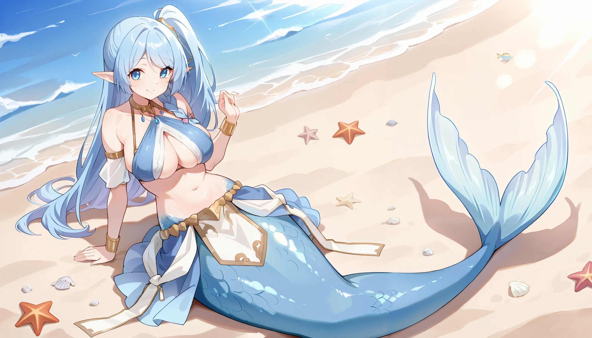 (Fraction_9:0.9),Fraction_8_up,Fraction_7_up,grade_of,实际of,(zPDXL3), ( masterpiece), ( Quality Best),(完整of五根手指), a girl ,Water Enchantress of the temple,dancer costume ,blue long hair,Side Ponytail, blue eyes ,Elf ears,独自of, Big Breasts ,Mermaid,蓝色ofMermaid尾巴,Fish scales, Smile,害羞of,beach,Full body picture,坐在beach上