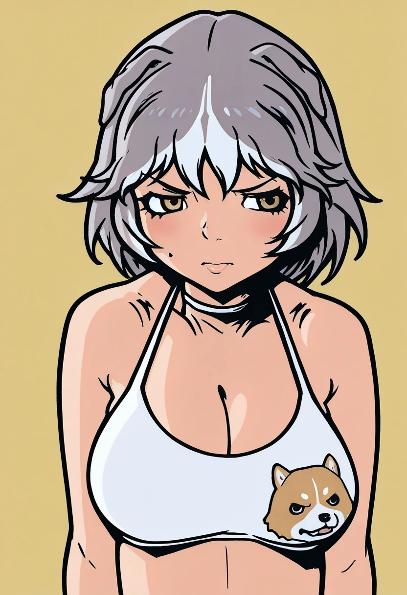 (masterpiece, best quality),  intricate details,
1girl,  <lora:uzaki_hitomi_v1:1>  1girl, solo, animal ears, white hair, short hair, brown eyes, tail, large breasts, navel, white panties, tank top, cleavage,