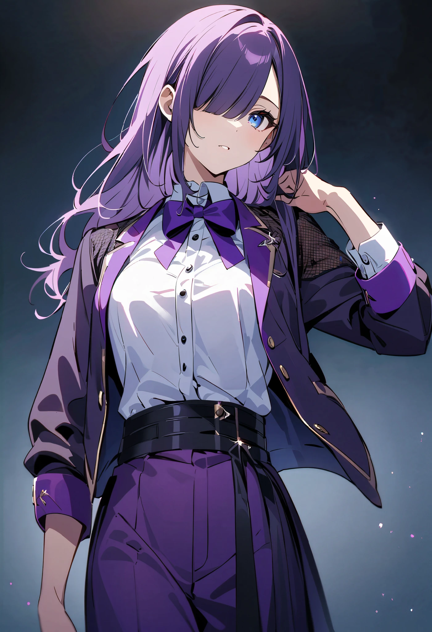 Long purple hair up to the waist 、ソロのPrince、1 person、 Long enough to cover the face to hide one eye 、 Long bangs that extend to the chin long enough to cover the face、Very long bangs、Bangs that reach to the chin、 with bangs on one side over the ear 、 purple luxury jacket long sleeve、 white shirt、Prince、 fancy mesh costume、 hanging eye、 cool face、 blue eyes、Purple long pants、 purple bow tie 、 small perris on left shoulder、small cloth on left shoulder 、uniform、Cool beautiful girl、