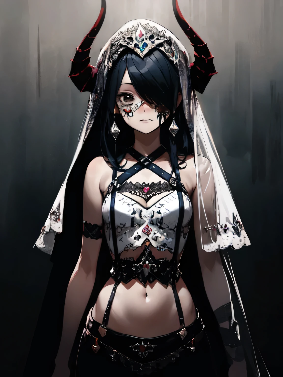 (from behind),looking at viewer, 1 girl, upperbody, monster girl , demon girl, horn, Mandala:1.3, Aurora Revolution ,Bangs hide the face, (Veil on face:1.5), pelvic curtains, (red garter strap) ,( manga style),(sketch),(illustration),