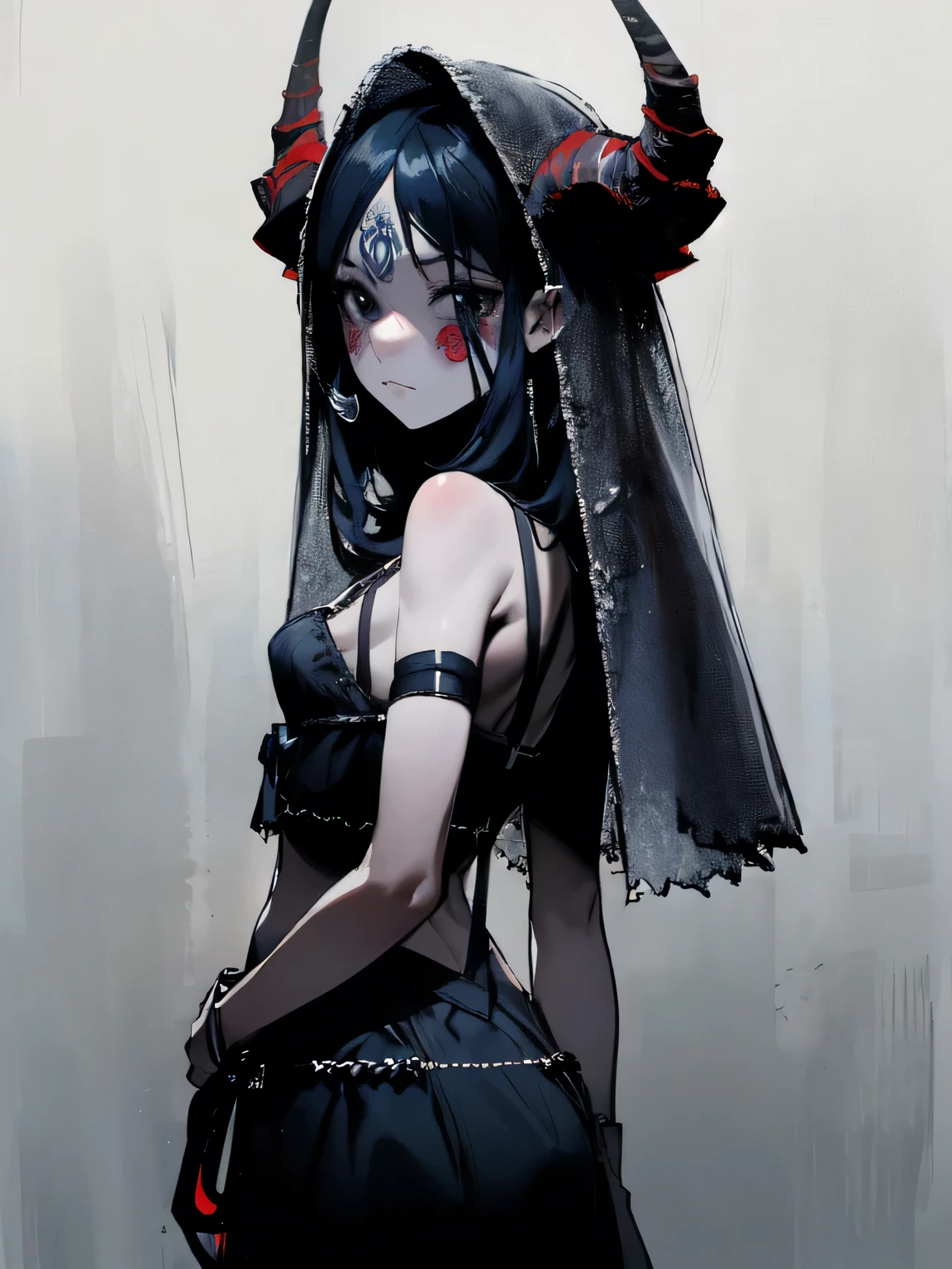 (from behind),looking at viewer, 1 girl, upperbody, monster girl , demon girl, horn, Mandala:1.3, Aurora Revolution ,Bangs hide the face, (Veil on face:1.5), pelvic curtains, (red garter strap) ,( manga style),(sketch),(illustration),