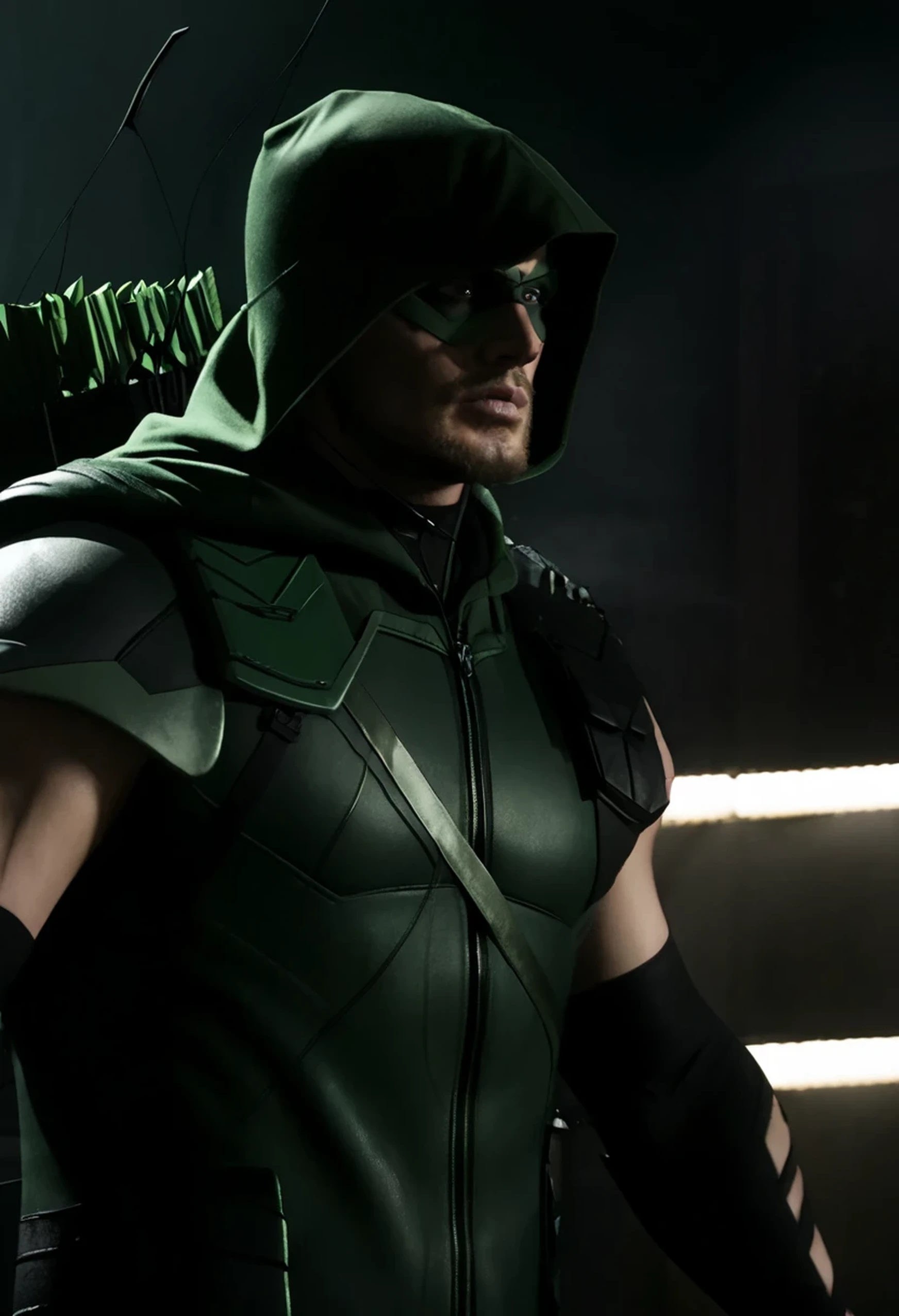 A cinematic image of jensen ackles as Green Arrow live action