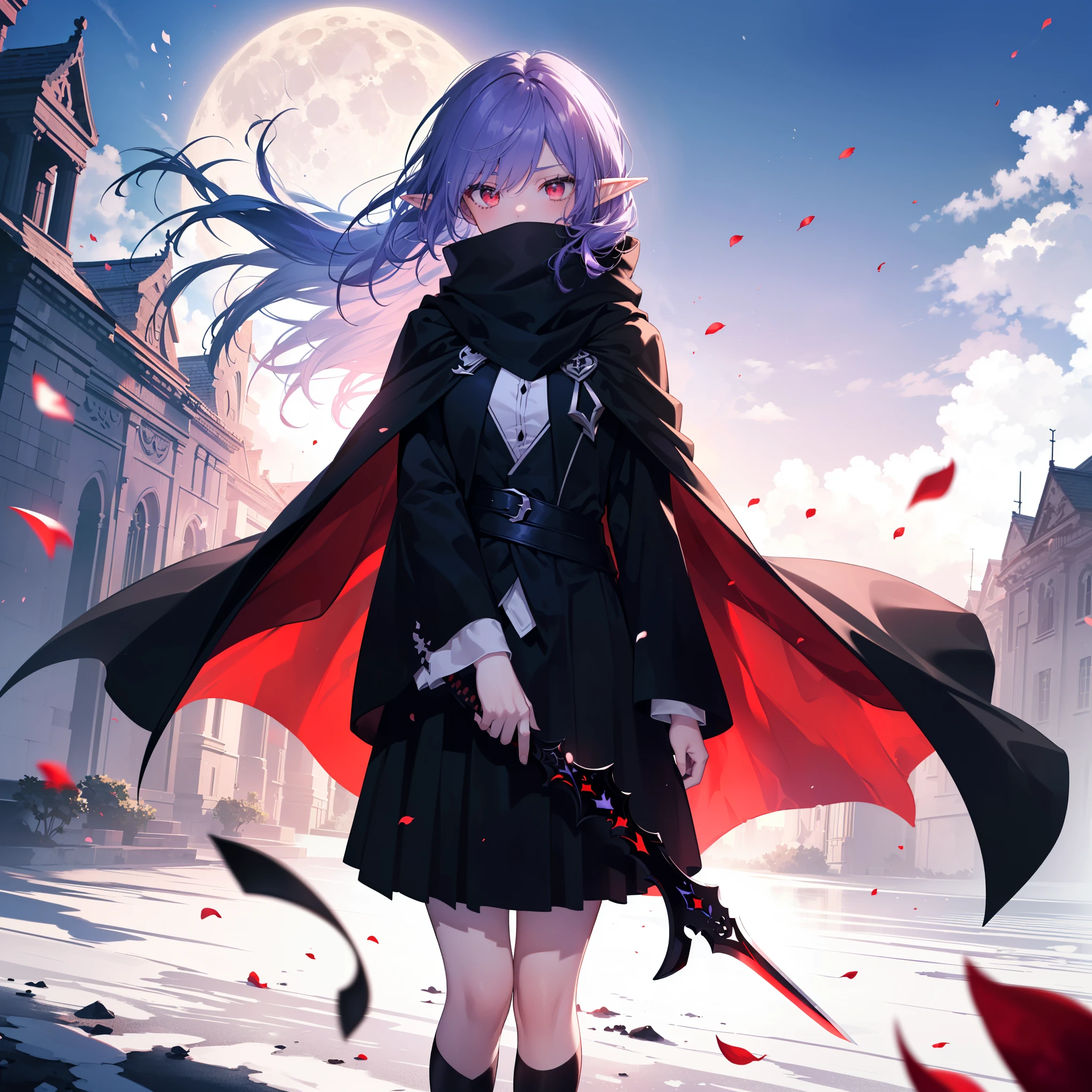 ((Strong shadow, red thunder effects, Floating petals)), Delicate hair, Delicate eyes, ((Masterpiece, Top quality)), High quality, Masterpiece, ((High quality, Female elf swordsman, purple hair, Red eyes, Long hair, Elf ears, Long loose hair, Black cape, Cape hood, black miniskirt, Scarf, Sky, Moon, Ash, Ice, ((Color splash))