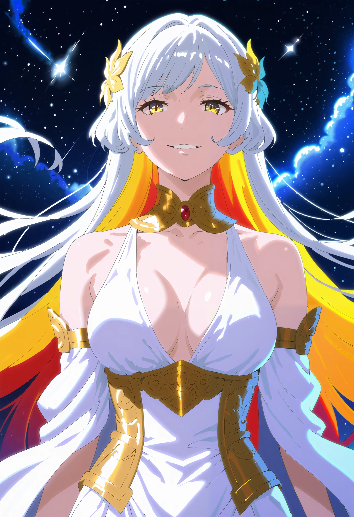 (high-quality, breathtaking),(expressive eyes, perfect face) 1girl, female, solo, white hair, rainbow inner, multicolored hair, very long hair, flowy hair, yellow eyes, cute smile, black background, portrait, symmetrical eyes, mature woman, white dress, sleeveless, bare shoulders, medium full shot, upper body, stars background, nebula background, shooting stars, goddess, large breasts, fantasy outfit, ancient greek, Nyx,
