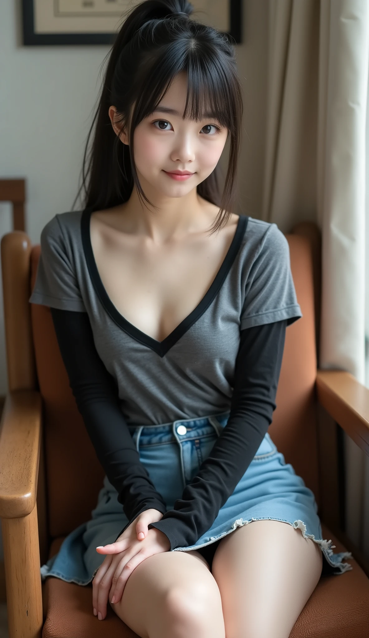 portrait photo , Masterpiece, nsfw,8k,focus on legs,
( in the seat, immature body, flat chest, Wide pelvis, small ass, toned thick legs ),( yoJapanese girl , 148 Height cm , pale skin), black hair, short straight ponytail with bangs,(Young Face, Round face, droopy eyes , hazel eyes,Looks affectionate ), wearing chacole gray color long sleeve tight t-shirt with Black sleeves, deep v-necked,denim mini skirt,leaning back,85mm, Official AR RAW Photos ,( is present, ultra detail), top quality,Chromatic aberration anatomically accurate , textured skin