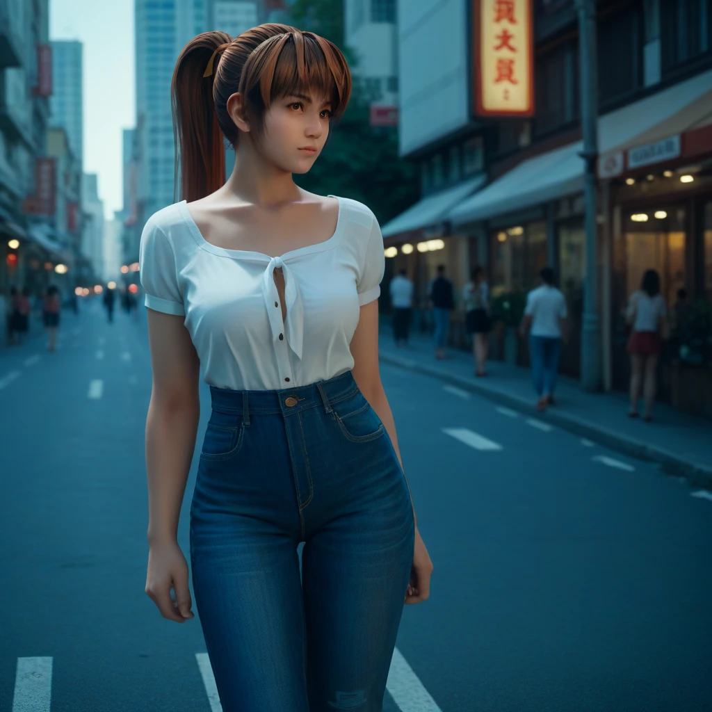 (1 lady), (Best quality at best:1.4), (ultra - detailed), (extremely detailed CG unified 16k), A Beautiful Woman with Perfect Figure: 1.4, Sharp Focus: 1.2, very detailed, High-definition RAW color photo, professional photoshooting, amazing face and eyes, cosmetics, (amazingly beautiful girl), ((asuka)), ((shirt, skirt)), standing, sexyposture，(Dark and stylish urban landscape, city lights, city lights:1.3), (look from down), realistic cinematic face, head to feet long wide zoomed out view, full body long view, photorealistic, ((realistic natural orange redhair style, blue eyes, long hair, double pony tail)), gorgeous, extremely beautiful face, perfect model beauty, pout mouth, Highly Detailed Face and Skin Texture, Detailed Eyes, Double Eyelids, Medium Breasts, Smile, cleavages, western, (masterpiece), best quality, high resolution, extremely detailed, blurred background, depth of field, cinematic lighting, amazing legs, high heels, clear and well-cared skin, (((woman occupies most of the picture)))