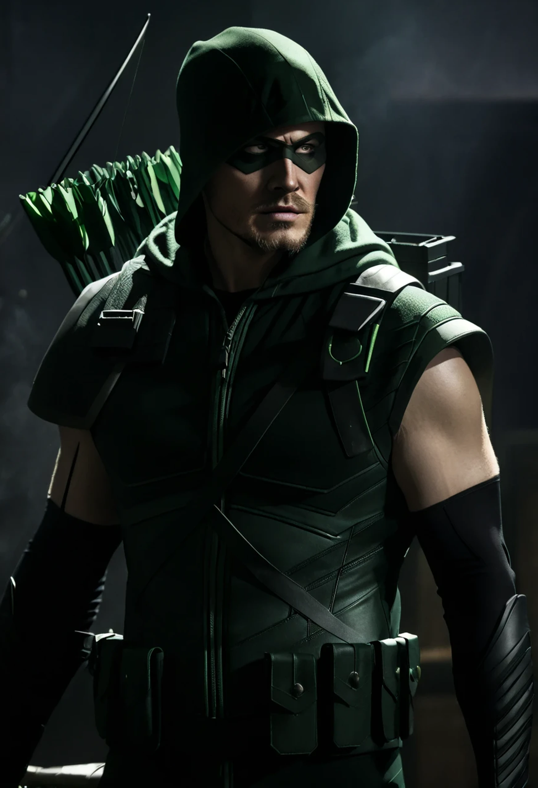 A cinematic image of jensen ackles as Green Arrow live action