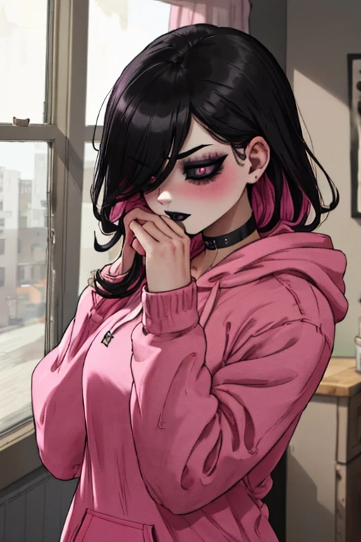 masterpiece, best quality,realistic,absurdres,1girl,looking at viewer, tongue, ahg, ahegao, living room, skinny, goth, goth makeup, smoky eyes, eyeshadow, eyeliner, black hair, hair over eyes, pink colored hoodie