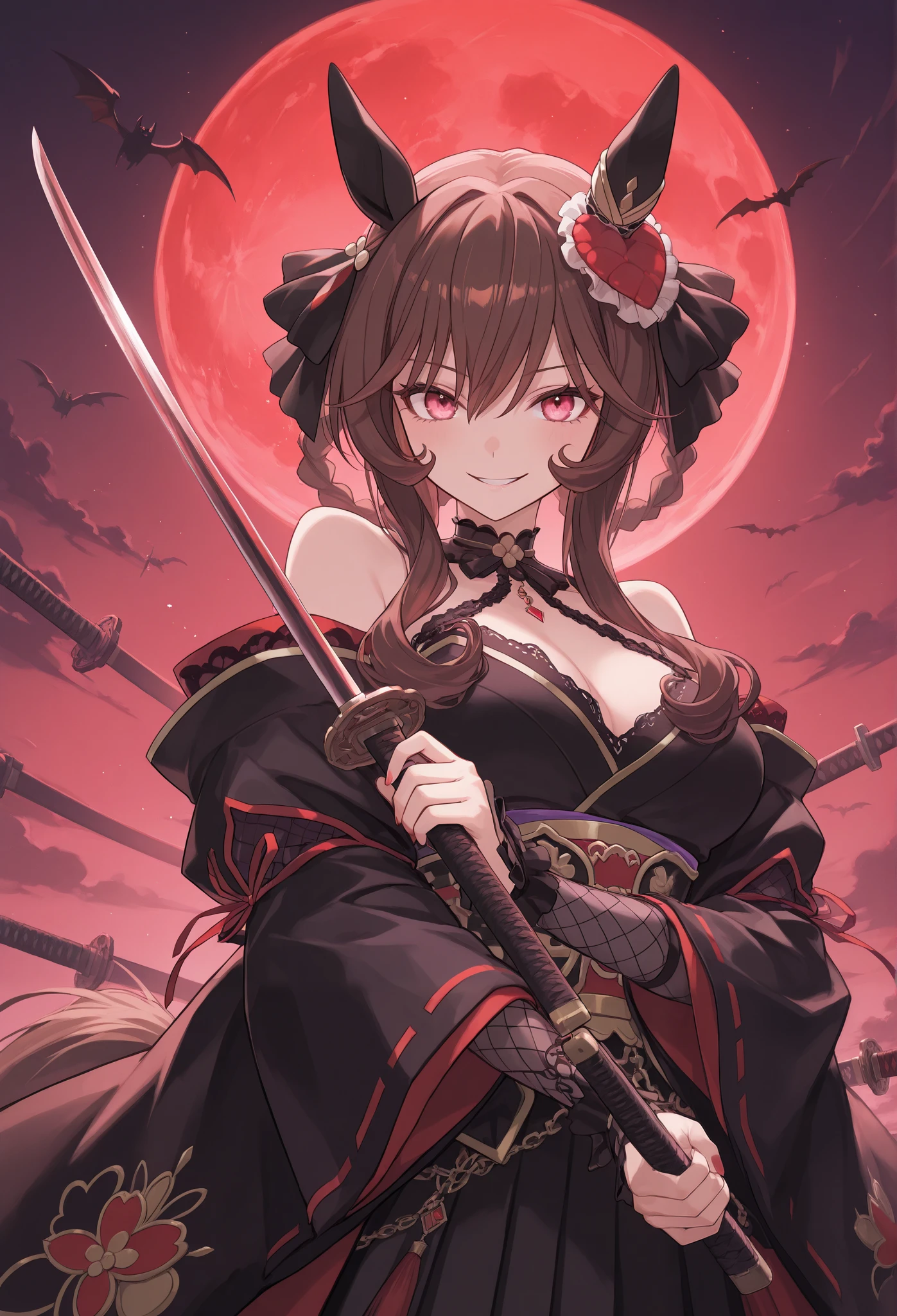 {{{Racecourse:1.6}}} {{{ 【 focusing on the upper body :1.5}}},( high resolution),( high resolution), (unity 8k wallpaper),( detailed image ), {{{Type Moon :1.7}}},((draw:1.5)), Gentildonna \{{{Uma Musume\}}}, ,{Right },{ Seductive Smile} \( Uma Musume\),
,{{{{ off shoulder top}}},{{{ Crazy Smile :1.6}}},{{{Demon King:1.6}}}},{{ heavy cloak with collar }}},{{{ kimono:1.8}}}:{{{Demon Horns:1.7}}},{{{ big Japanese sword}}},{Onigashima},{Crescent Moon and Clouds },{ attacking with Japanese swords } 「 warriors attacking with swords 」
「 swordsmen wielding swords setting up attacks 」
「 samurai rushing forward with swords」
「Ninja who slashes with sharp swords 」