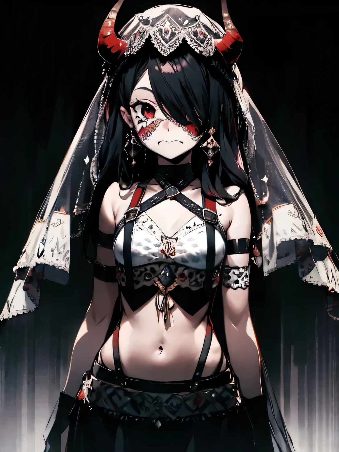 ( wariza), 1 girl, upperbody, monster girl , demon girl, horn, Mandala:1.3, Aurora Revolution ,(Bangs hide the face), ((Veil on face:1.5)), pelvic curtains, (red garter strap) ,( manga style),(sketch),(illustration),