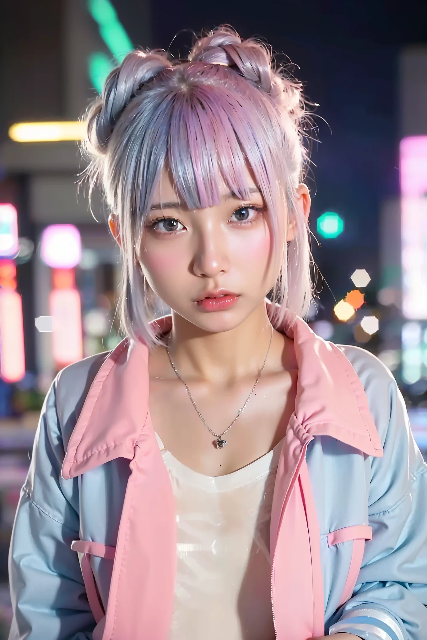 (Completely live action:1.37), (Amazingly realistic textures:1.37), (masterpiece, best quality:1.2), (8k uhd, 16k, 32k, ultra high res), amazingly realistic skin, amazingly realistic photo, superrealism, (photorealistic:1.37), (RAW photo), ultimately realistic, (ultimately realistic all details), (ultimately realistic all textures), super realistic lighting, super realistic shadow, (japanese girl:1.5), ((young face)), smiling, happy, super realistic face, ultimately realistic skin, ultimately realistic eyes, (mascara:1.35)ultimately realistic background, ultimately realistic detail up, kkw-ph1, ((drooping eyes, cyberpunk-style cyborg girl, amazingly intricate details, Anatomically perfect hands, mechanical body, silver knight armor, ultra glossy texture, purple hair))