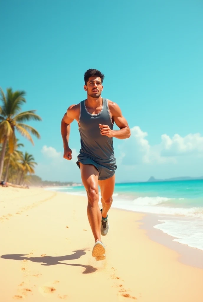 He is running on the beach 