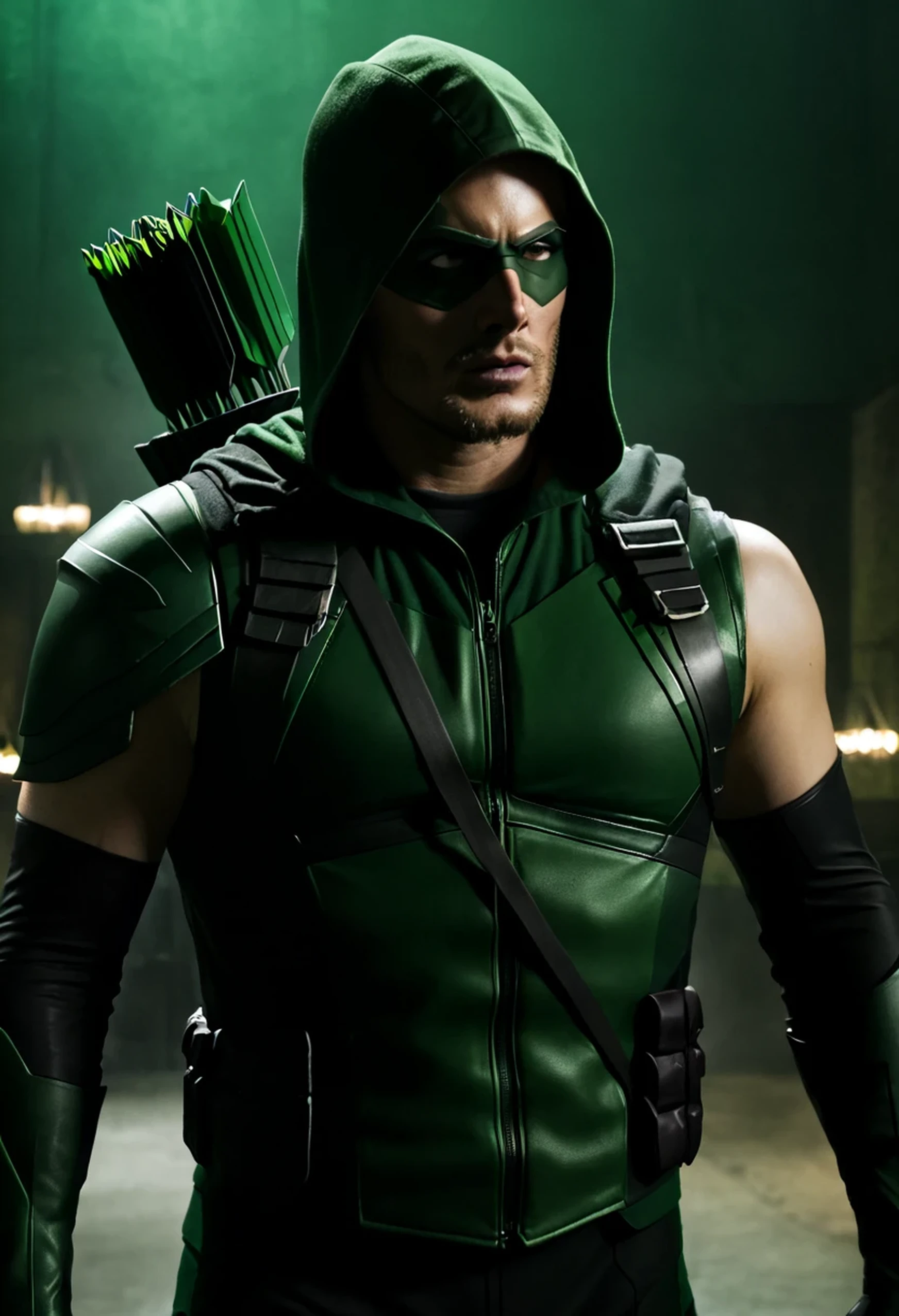 A cinematic image of jensen ackles as Green Arrow live action