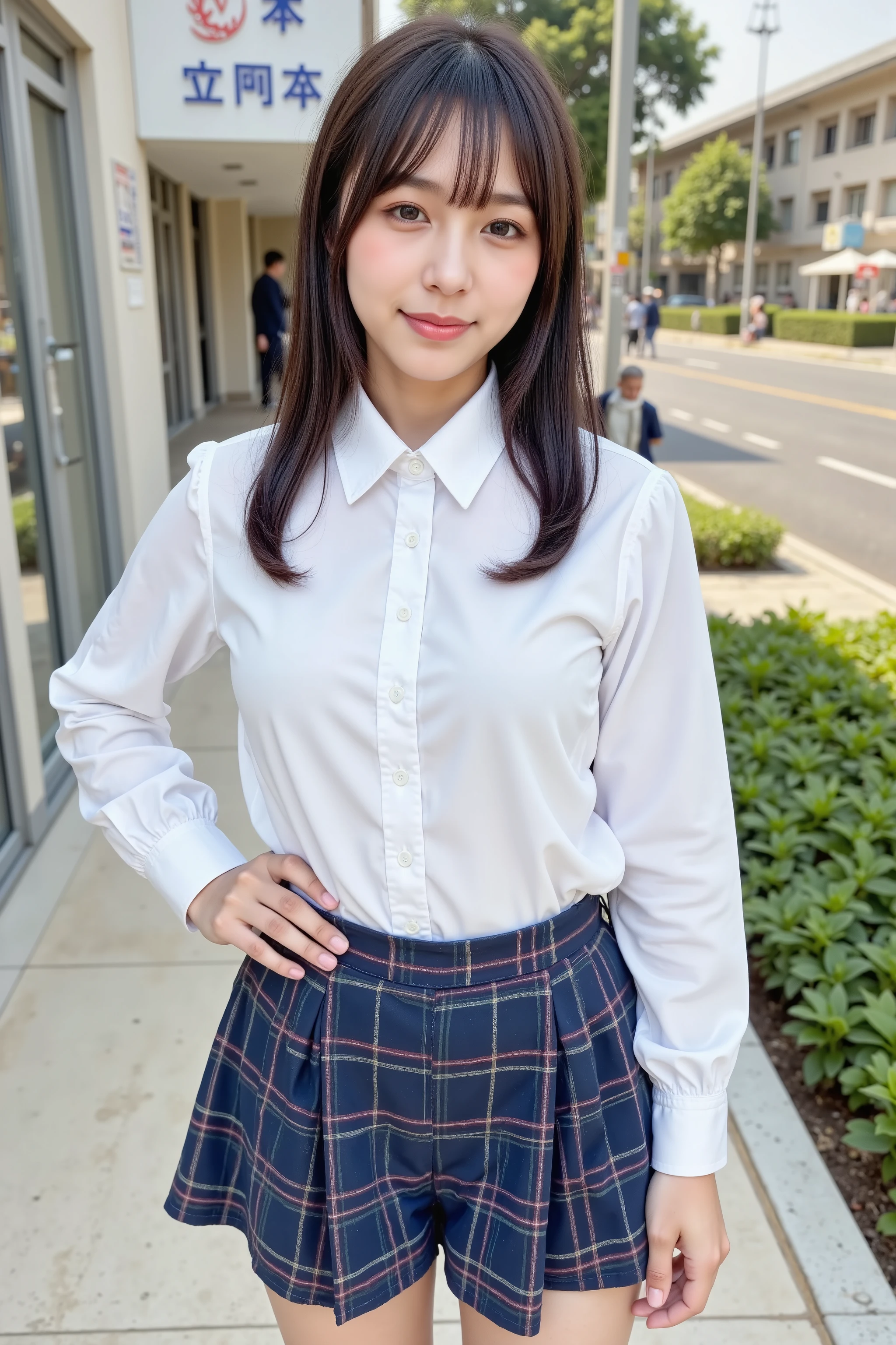 " very detailed, ((((( Spread Legs))))), ((((( sexy lace panties ))))), ((( ))), Super realistic photo of a Taiwanese high school girl wearing a nicely pressed white blouse and navy blue plaid skirt. she was born with teeth , dark hair up to the shoulder, is she tied in a ponytail 、 is she putting her teeth down again . is her face fresh and young 々Shii, soft , natural expression and a faint smile . she has a school bag on her shoulder , teeth、 atmosphere of the school feels real. Standing casually outside a modern Taiwanese school gate with a sign in sight , green, and、 bright and soft natural light . photo taken with a teeth SLR camera, 50mm lens, with a slight depth of field 、 that captures the essence of Taiwanese student life , The background is slightly blurred. photo was taken with a SLR camera and the , close to floor height 。."、