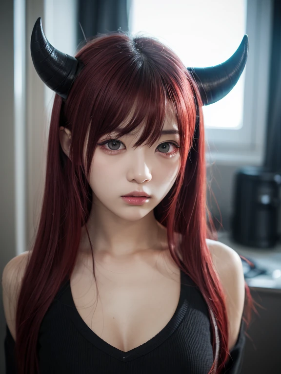 imagem de fully body, ((ultra realisitic)), ((picture-perfect)), ((face perfect)), ((ultra detaild)), ((fully body)), ((perfectbody)), ((Demon girl)), ((pointy ears)), uma garota ruiva de greeneyes com chifres e demon tail, usando um schoolar uniform em um quarto, ((adolescent)), ((breasts big)), short shoulder length hair, demon tail, sharped teeth, horns on head, Demon girl, schoolar uniform((seifuku)), adolescent, Red hair, greeneyes, girl with tail, adolescent estudante, non-human, fully body, medium breasts,