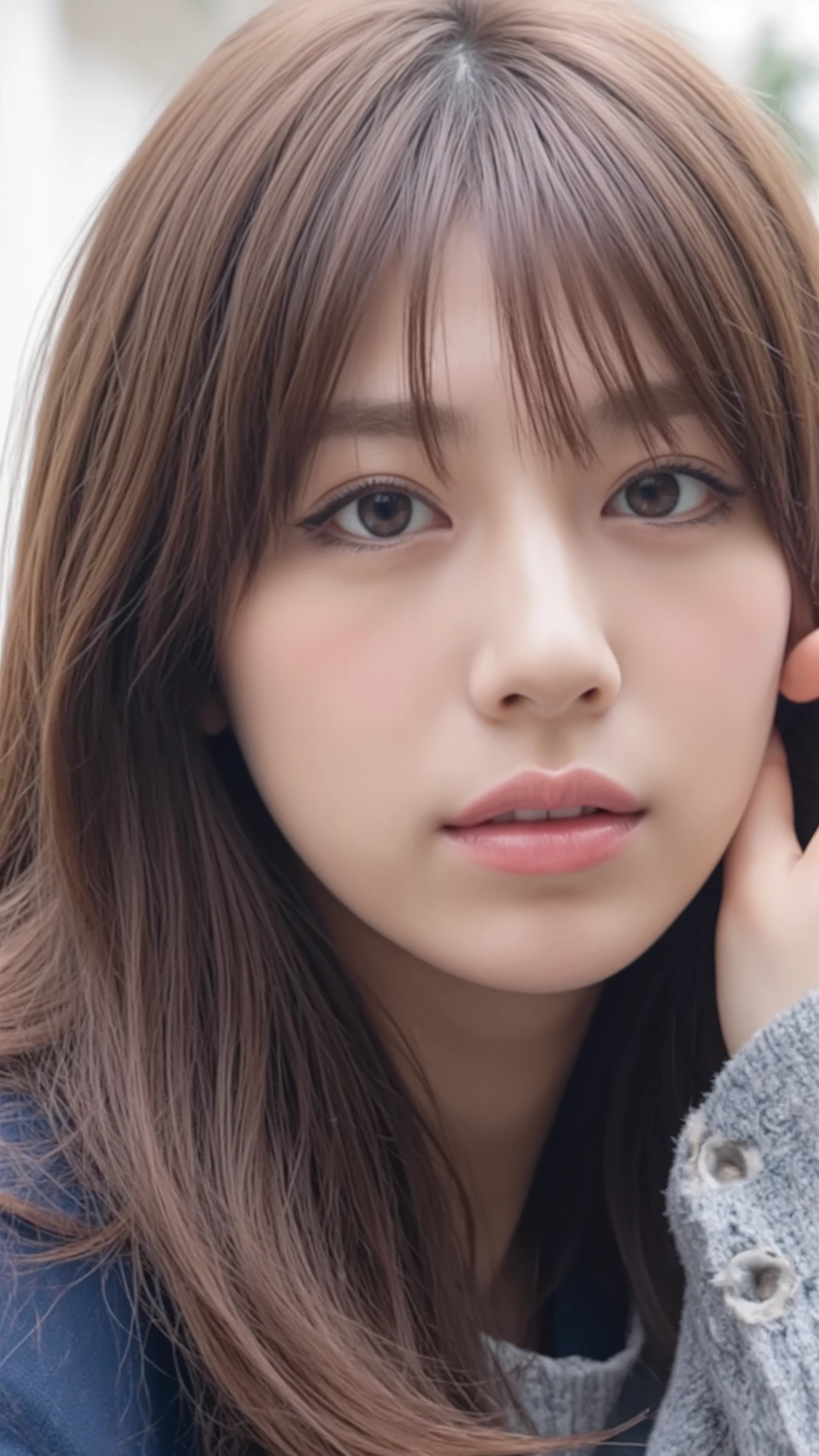 ( the view from below from the front:1.6)、(( and close your eyes:1.8)、 looks up)、((Two people are about to kiss :1.5))、( People who spread their legs shoulder-width apart and are on the verge of kissing :1.3、(Winter Street Trees :1.5)、( is present 、 As shown in the picture 、 live action、8k, is present , RAW Photo , Max image : 1.4), SLR camera 、 RAW Photo , top quality , is present , High Definition CG Unity 8K Wallpaper , border depth written in , Cinematic Light , lens flare, ray tracing , is present background、( navy blue blazer :1.5、Wear a scarf:1.3、 wear plaid )、( close-up )、( long hair on the background :1.5、blunt bangs、 hair swaying in the wind )