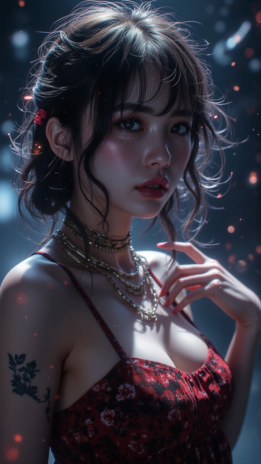 Head, complex 3d render ultra detailed, 1girll, Close-up of chest,boobgasm,cleavage,view the viewer, (PureErosFace_V1:0.6), 18 yo, Wet hair, Pure , Real human skin, Huge breasts, vibrant detail, Hyperrealistic, Beautiful background,rendering by octane, 8K, Best quality, Masterpiece, An extremely delicate and beautiful, Extremely detailed ,CG ,Unity ,the wallpaper, (Realistic, photo-realistic:1.37),Amazing, finedetail, Masterpiece,Best quality,offcial art,1girll,Smallleaf Maghrou, 1girll,Colorful glow, 1girll, Aeris_Bubble, Bare_bshoulders, crossbeam_eighth_Notes, crossbeam_sixteenth_Notes, Bikini, black_Eyes, black_Hair, Breasts, Bubble, cleavage, 鎖骨, eighth_note, jewelry, Long_Hair, mediating_Breasts, musical_note, nase, Off_Shoulder, Red_Lips, Solo, swim wears, The upper part of the body_Body,