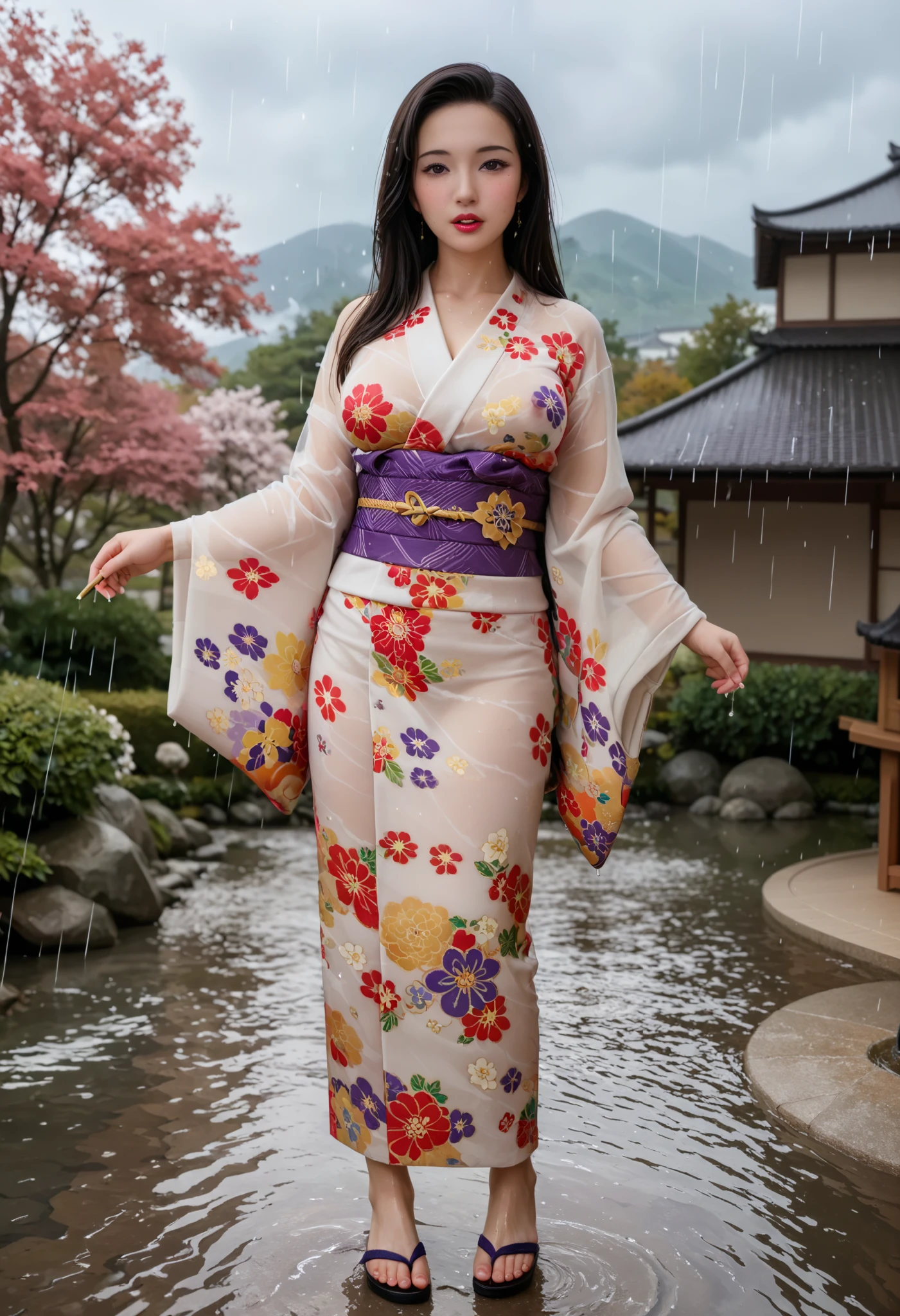 BEST QUALITY 、 high quality 、 highest resolution、 high resolution、8K quality、 high definition 、 Best Quality、 Masterpiece 、 movie-like images、 Immersive Footage 、 Very realistic looking image 、 realistic image 、 perfect detail 、 high contrast 、High fidelity、 Perfect photo、Close to reality、 images reproduced in detail down to the smallest detail、Detailed and realistic human body、Detailed and realistic human skin、 Detailed and realistic face、Detailed and realistic eyes、 Realistic lips drawn in detail 、 detailed and realistic teeth、Realistic ears、 Realistic hair 、(( Japanese model))、(( adult woman))、((Mature Woman))、((Adult face))、(( black hair))、((Big Breasts))、(( slim, perfectly mature body ))、((Full body glossy skin))、((Traditional Japanese Garden))、((Rain clouds spreading across the sky))、((Heavy rain weather))、(( downpour))、((Stormy wind and rain))、(((Colorful floral pattern( see-through kimono )))、(((Colorful floral pattern(Clear Vinyl Kimono )))、((( downpourの中でリラックス( beautiful posture)))、(((Drenched and wet skin all over )))、((Rain dripping from wet kimono ))、(((Her skin is clearly visible from under her wet kimono)))、(( subject close-up))