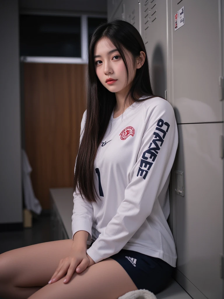 (8k,masterpiece, RAW photo,best quality:1.4),(photo realistic:1.2),(extremely detailed face),(shiny skin),(detailed skin),(detailed face),(extremely beautiful face),1girl,looking at viewer,Japanese idle(actress), brown hair,medium hair,straight hair,asymmetrical bangs,smile,glamor,large breasts,volleyball uniform,Volleyball court,full body shot,natural lighting