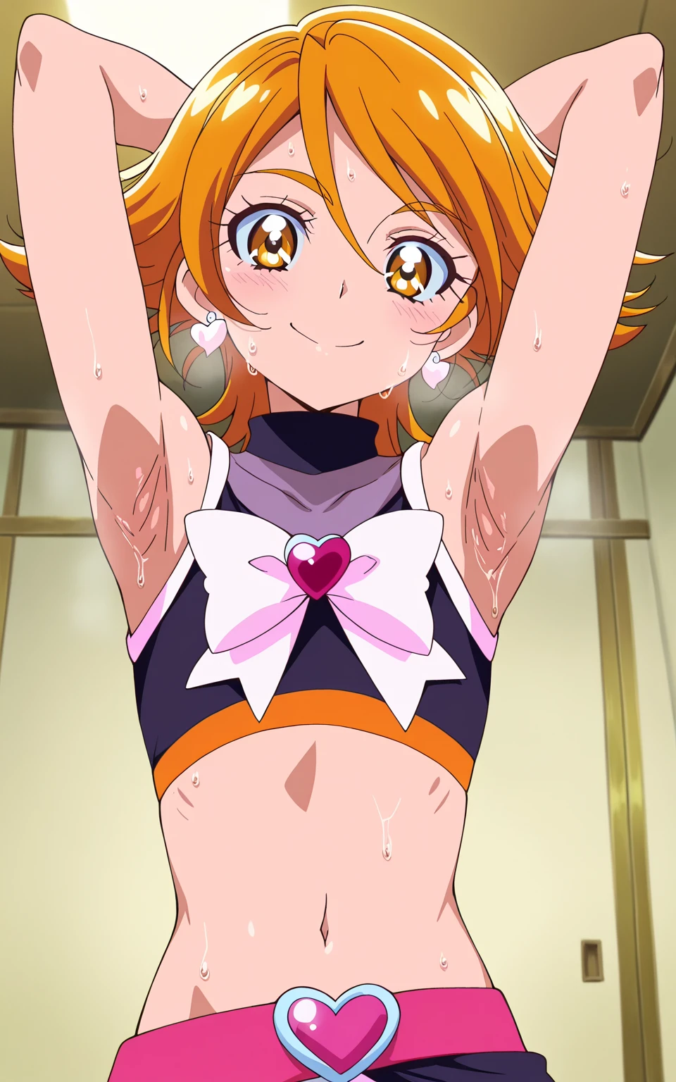 score 9 up, score 8 up, score 7 up, masterpiece, best quality, absurdres, 1girl, young, blonde hair, brown eyes, , tiny tits, cute, young girl, thick thighs, narrow_waist, sexy thighs, makeup, black thighhighs, flat chest, hentai nipples, skinny, sexy stomach, cheerleader outfit, croptop, skirt, clothed_partially, locker room, sex, on back, missionary_position, ahegao, 1man, penis in pussy, rough sex, manga_(style), (motion sex), lineart,motion lines, areolae_slip