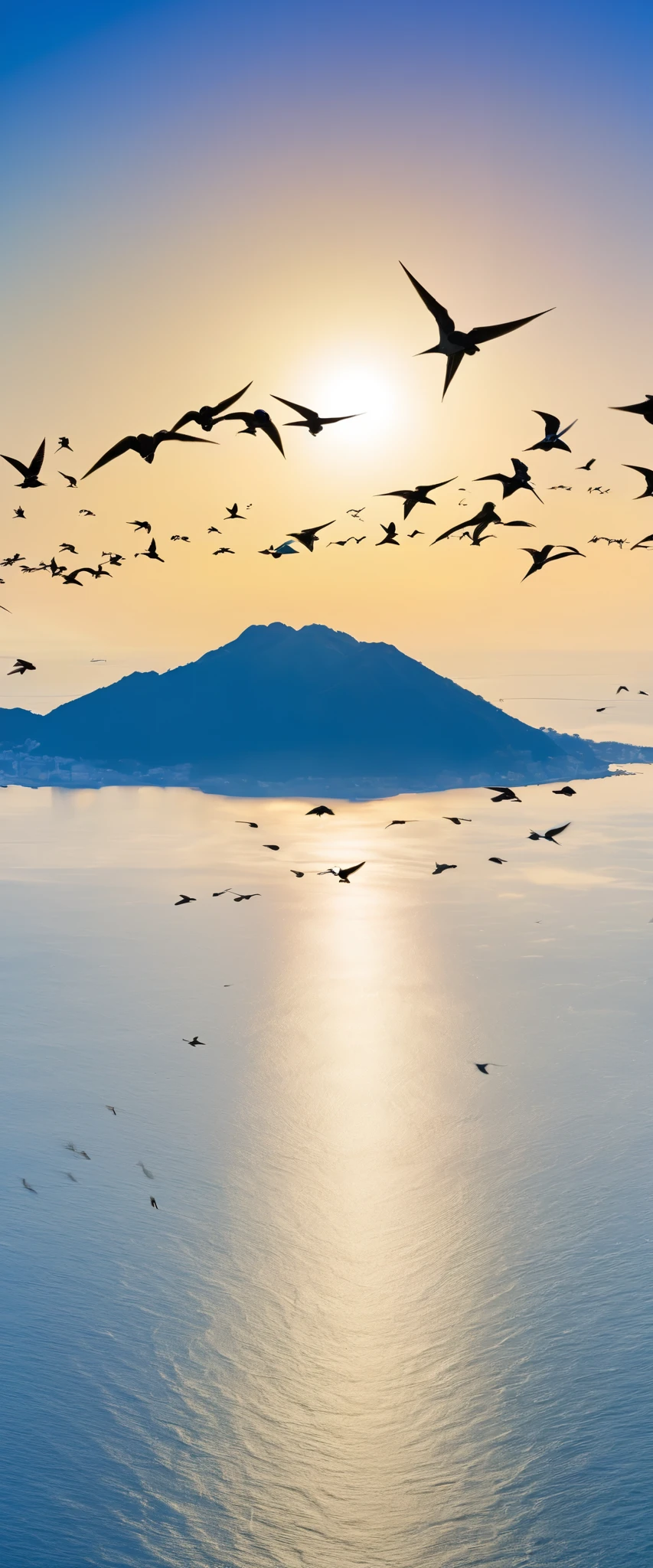 in high definition, Migratory birds,ロマーレ・ベアデンに触発されたMigratory birds ( swallows are flying in the sky) Under the clear blue sky、An island beyond the ocean