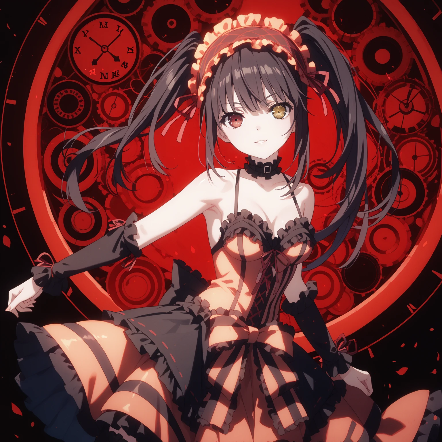 kurumi tokisaki, long hair, twintails, heterochromia, yellow eyes, clock eyes ,symbol-shaped pupils, dress, hairband, black thighhighs, Medium chest, thigh gap, glossy skin, glistening skin, looking at viewer, Tempting body