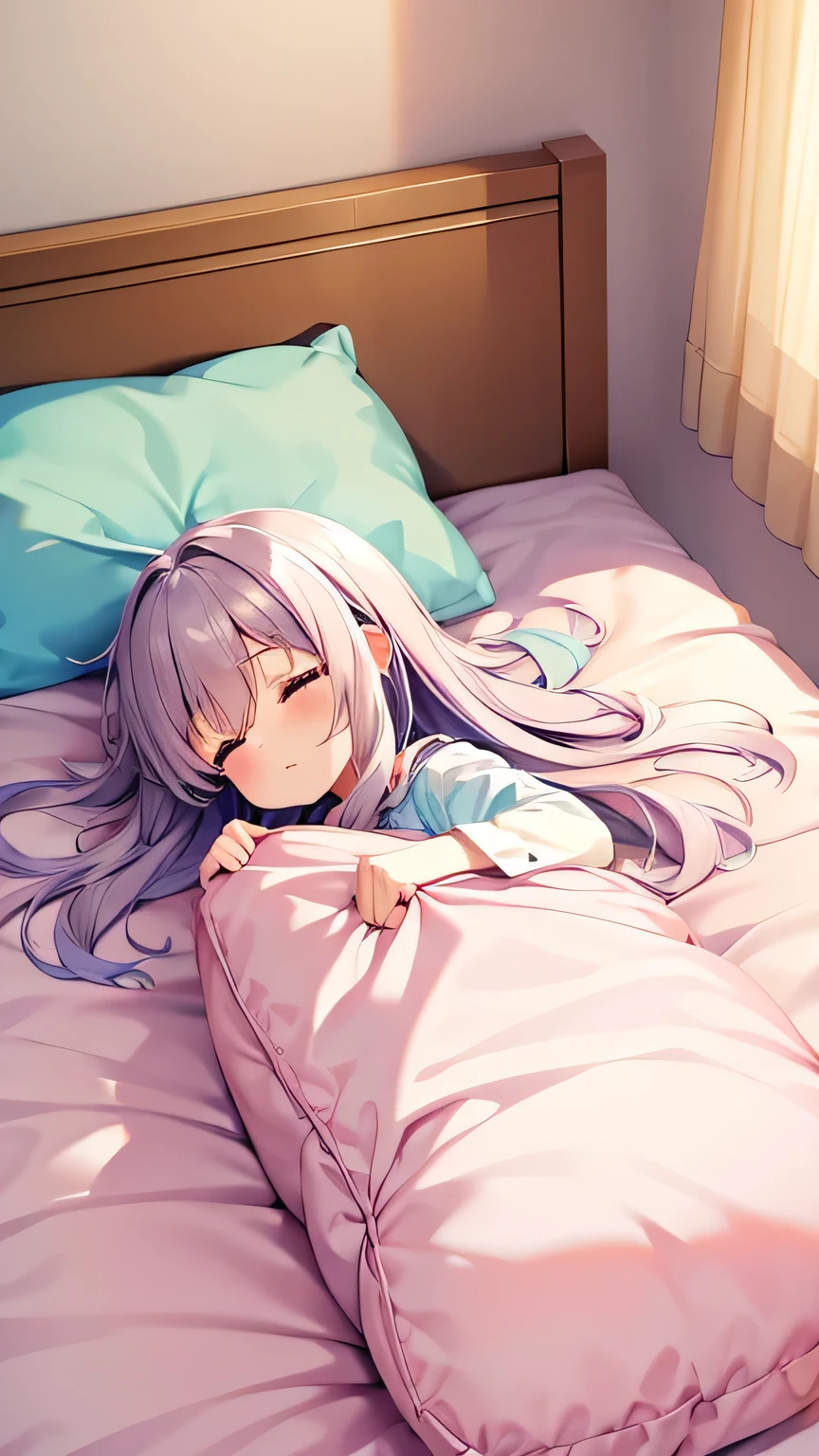 Overslept、 cute、fluffy futon 、 pastel color 、 sleepy  girl