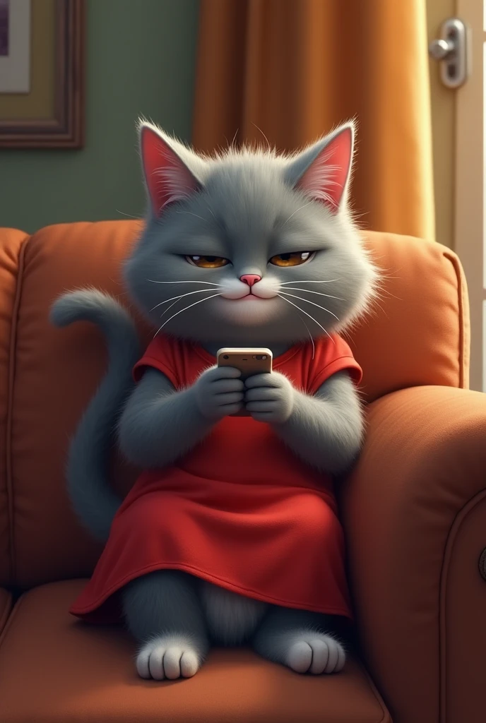 Inside the house, a female gray cat wearing a red dress and white shoes sits on the sofa with a sly smile, typing a message on her cell phone. He looked excited, his tail slightly raised. The background shows the door of the house that has just closed, indicating that her husband has just left."