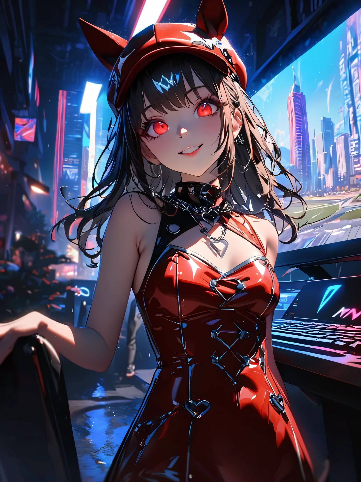 1 girl, Chinese_Red, Cyberhan, cheongsam, Cyberpunk 动态姿势, Detailed glowing headphones, Glowing Hair Accessories, Long hair, Luminous Earrings, luminous necklaces, Cyberpunk, Red, Clear black tulle, Black Ribbon