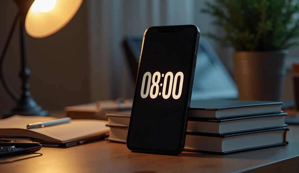 the latest iPhone 16. The screen displays 8:00 time screen is tilted toward the viewer's face placed on the table with some books and a laptop, dimm lighting, 8:00 time