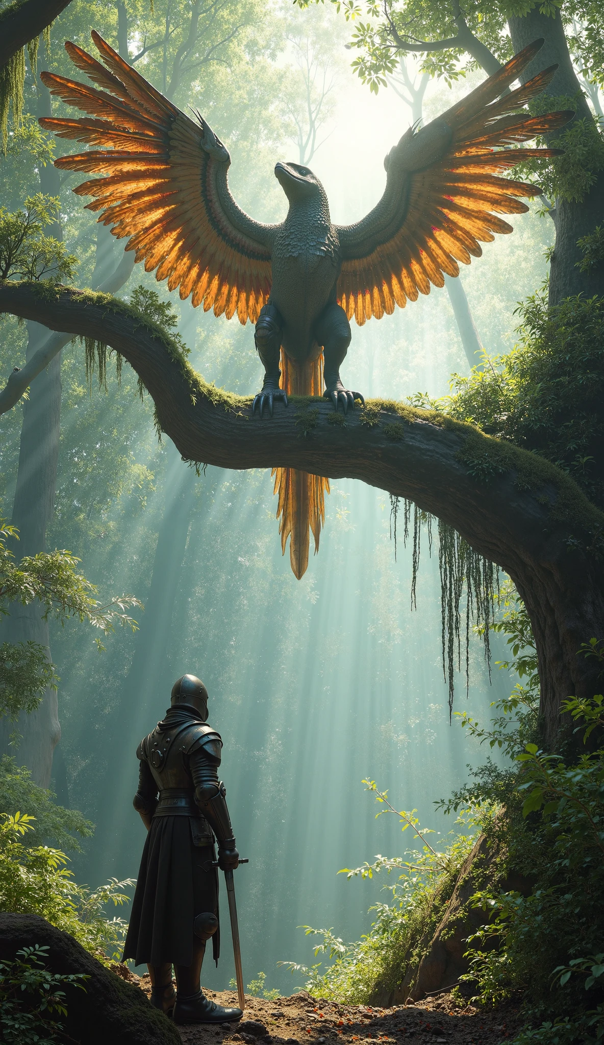 There is a man standing in the woods with a bird on his shoulder ...